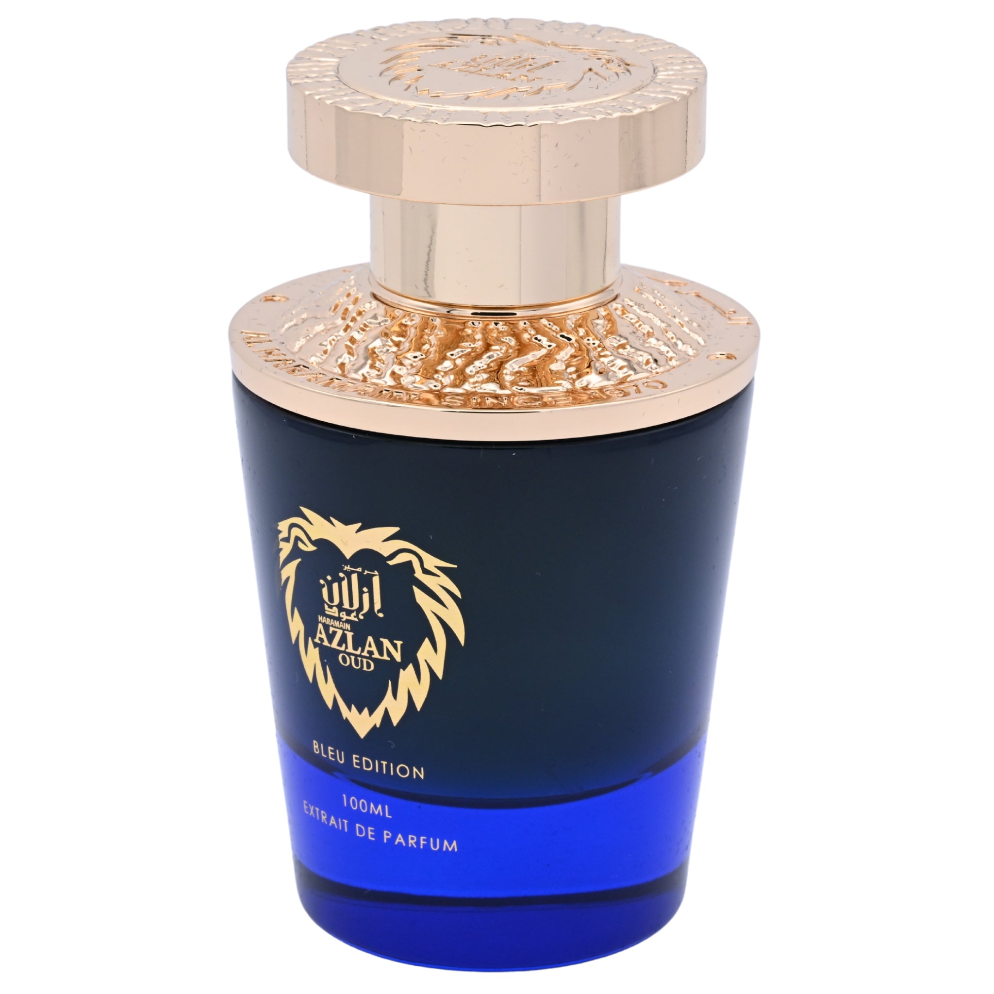 Blue and gold perfume bottle with lion emblem on a white background