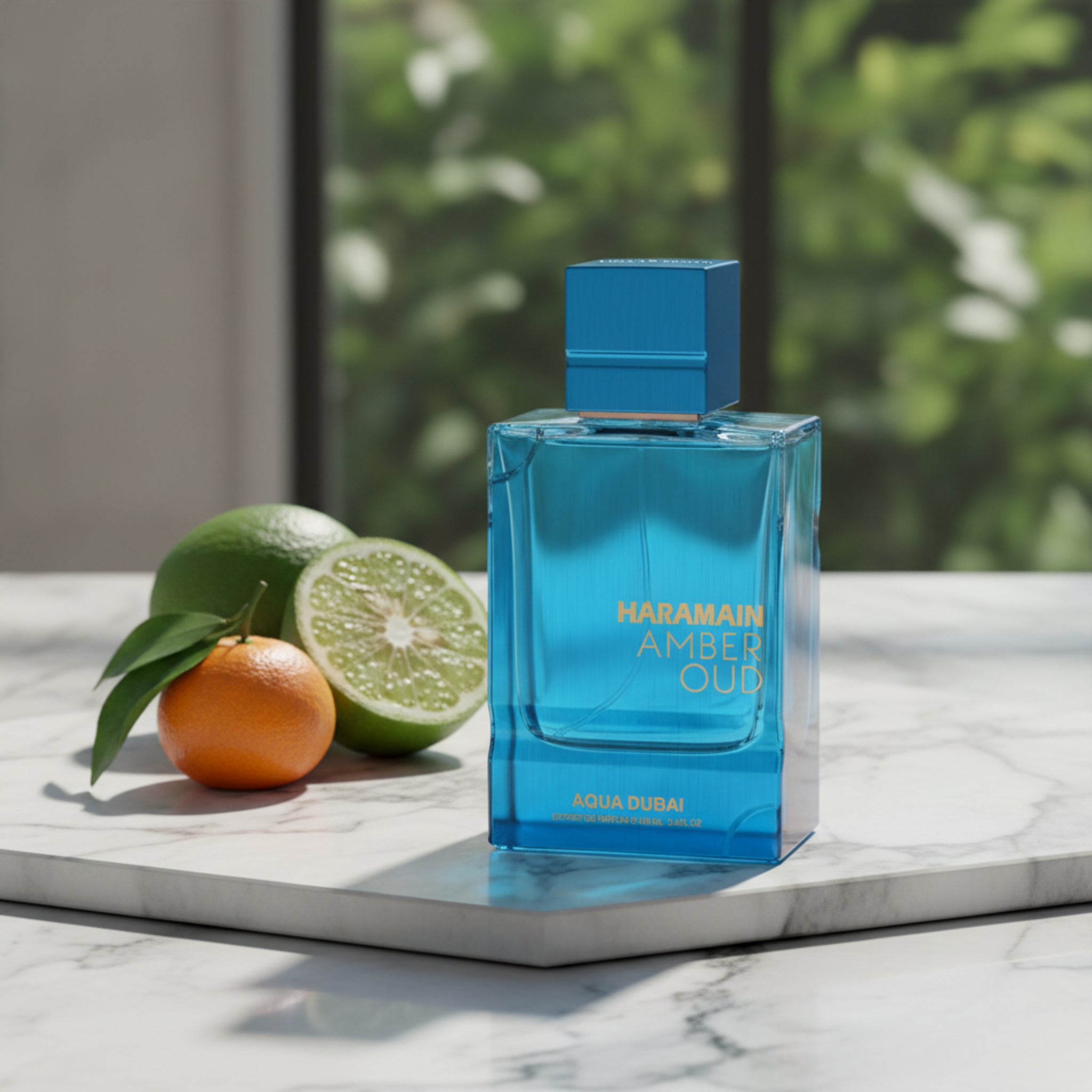 Blue perfume bottle with 'Haramain Amber Oud Aqua Dubai' text on a white background