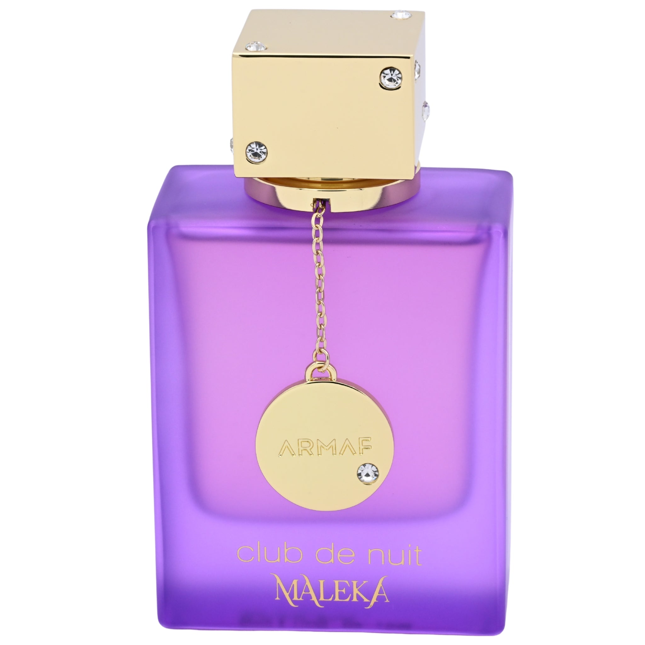 Purple perfume bottle with gold cap and label on a white background