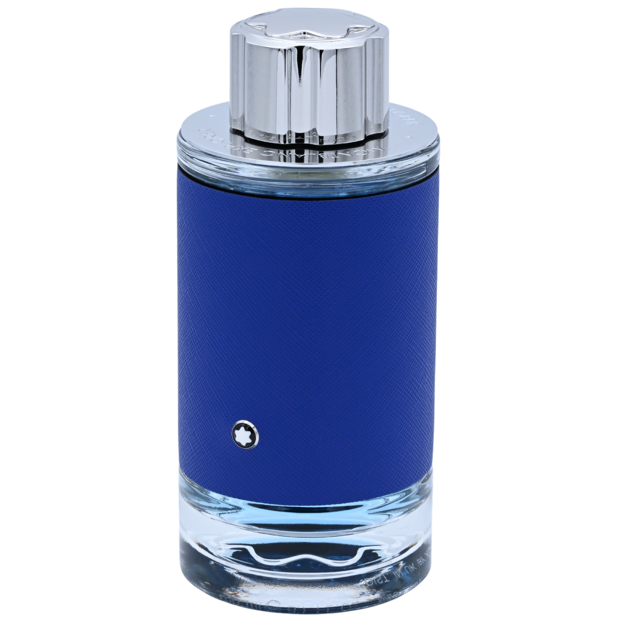 Blue perfume bottle with silver cap on a white background