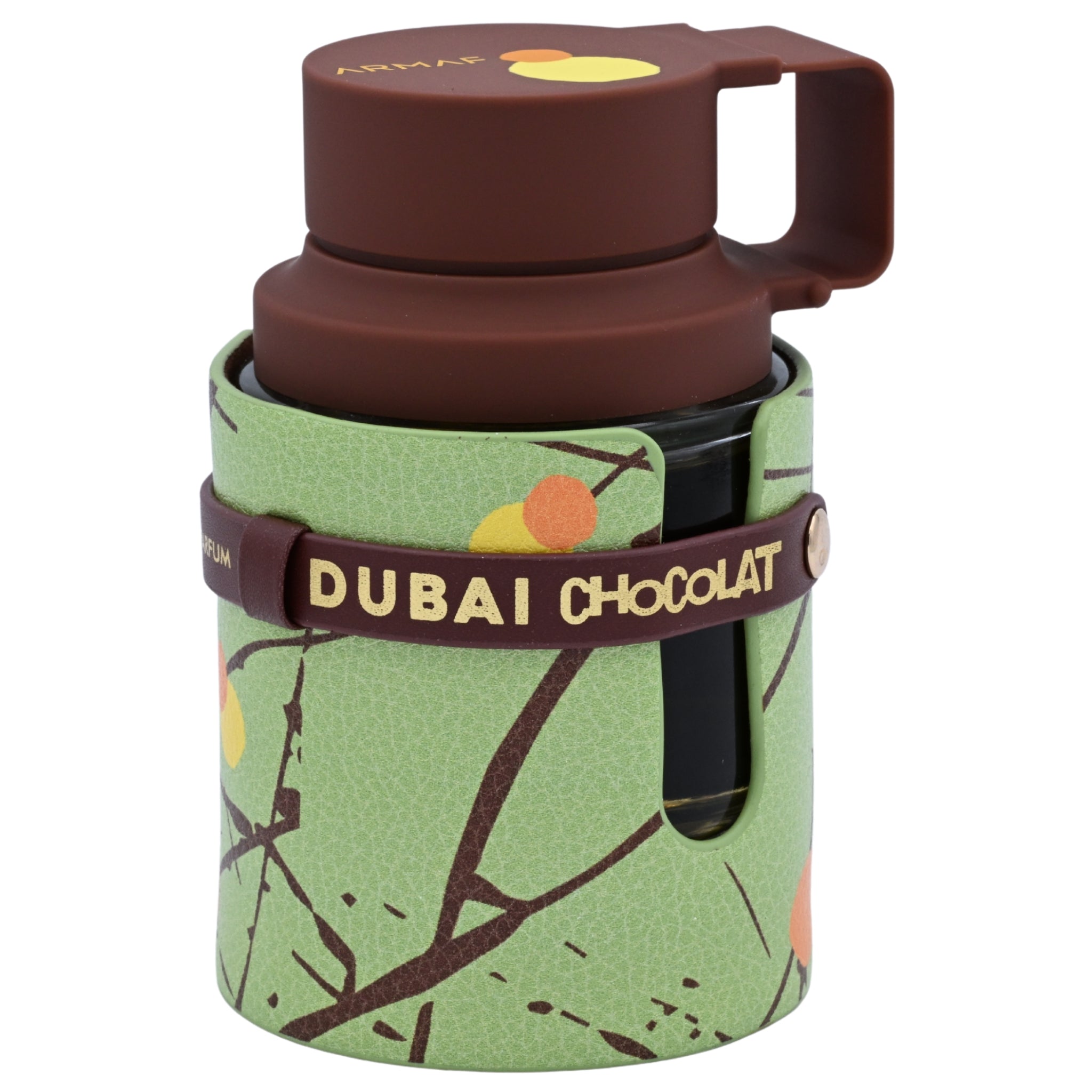 Coffee tumbler with green sleeve and brown lid, featuring 'Dubai Chocolat' branding.