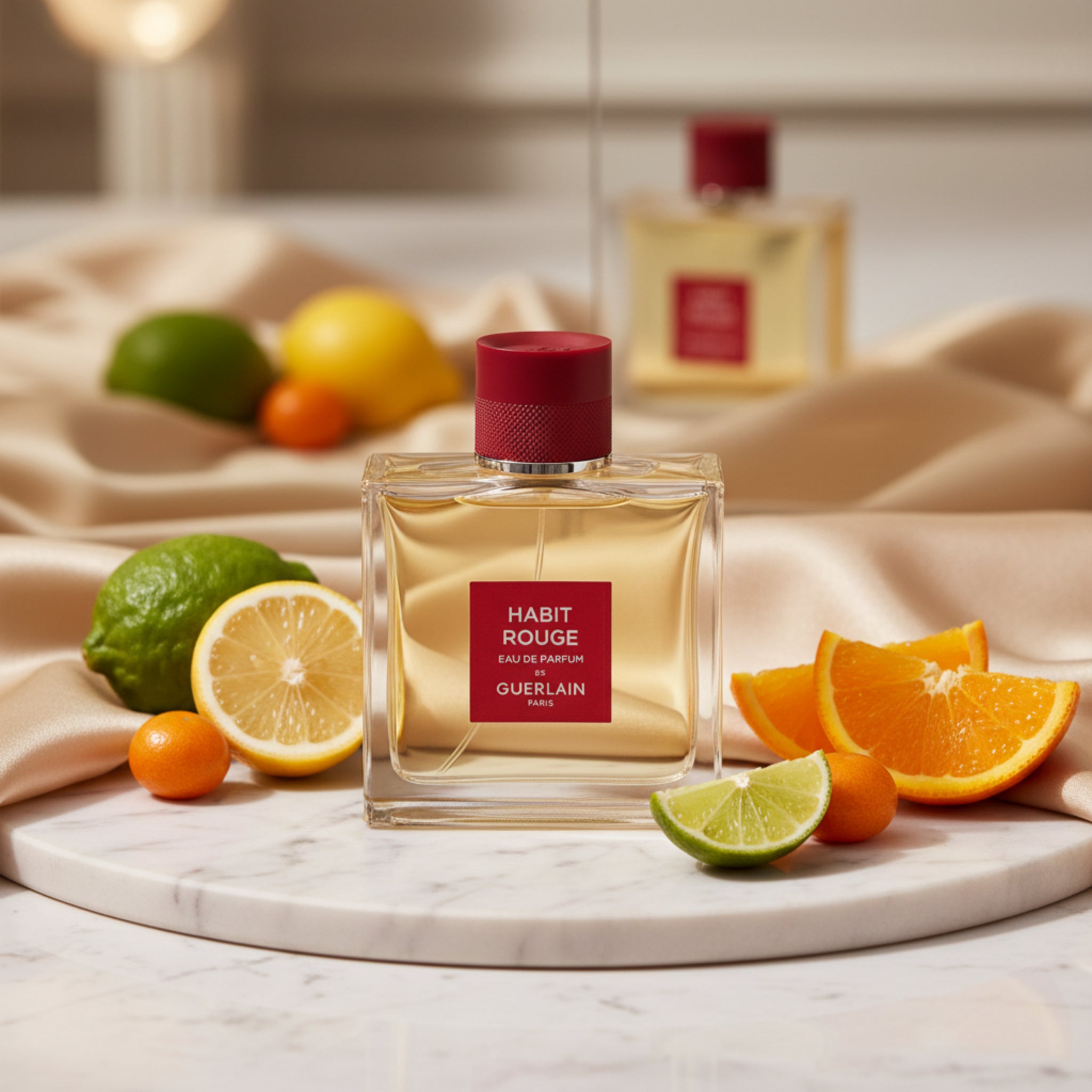 Perfume bottle labeled 'Habit Rouge' by Guerlain with fruits on a marble surface
