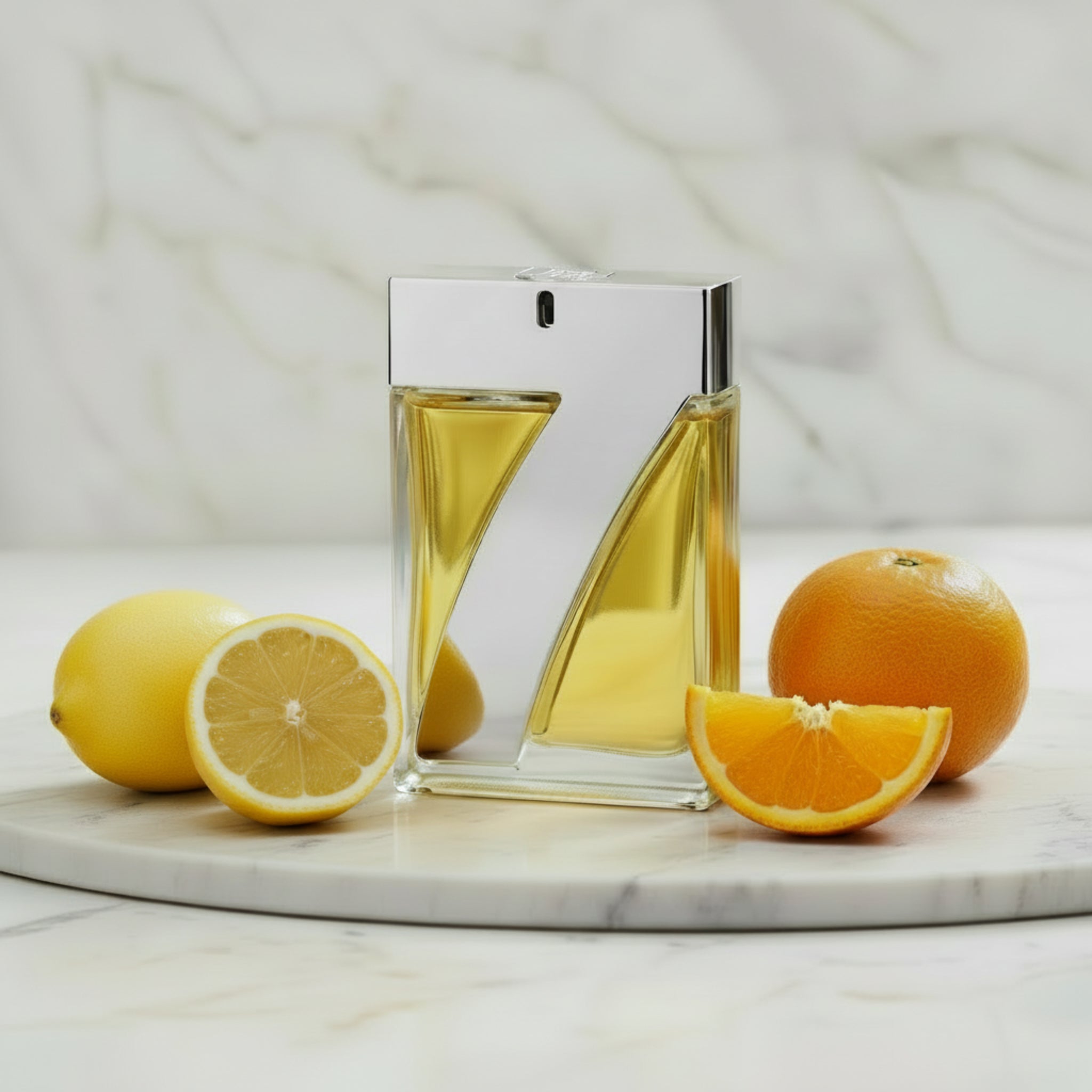Perfume bottle with yellow glass and silver cap on a white background