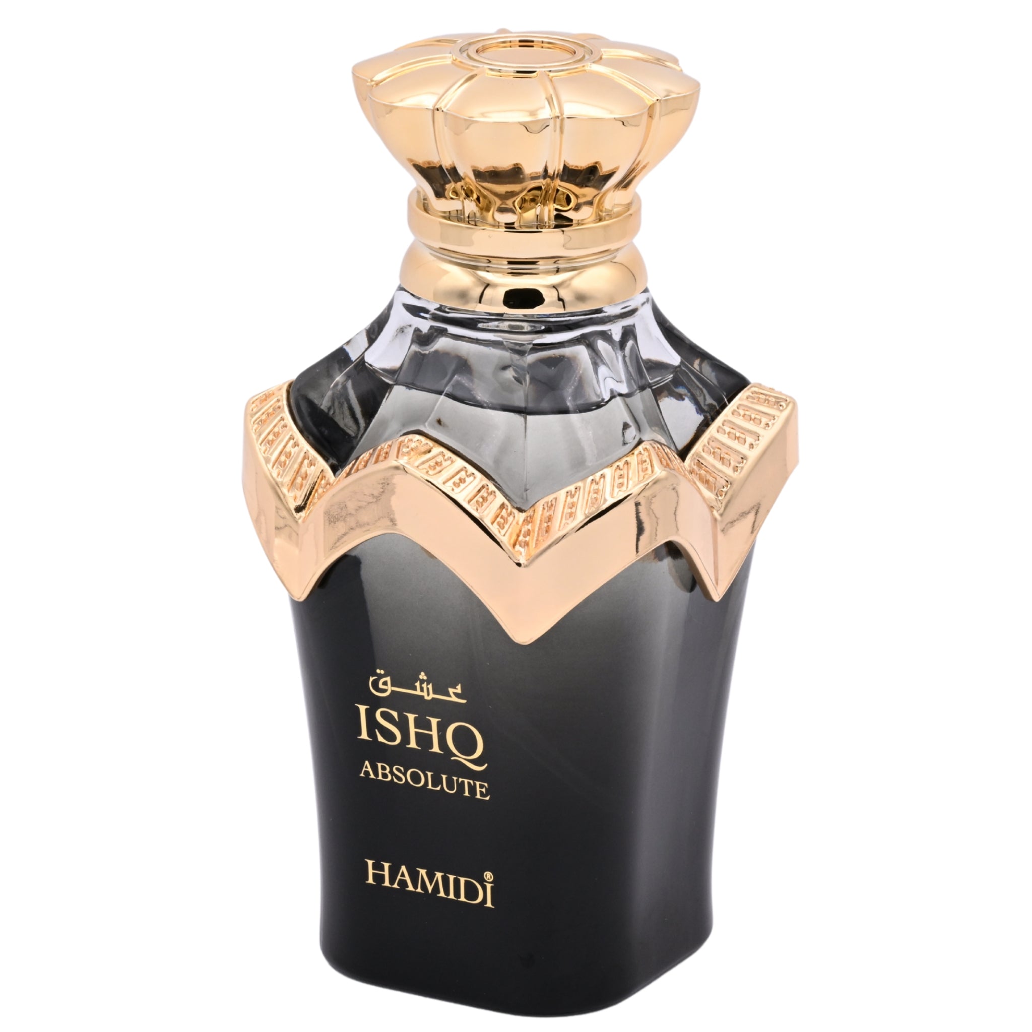 Black and gold perfume bottle labeled 'ISHQ Absolute' by Hamidi on a white background