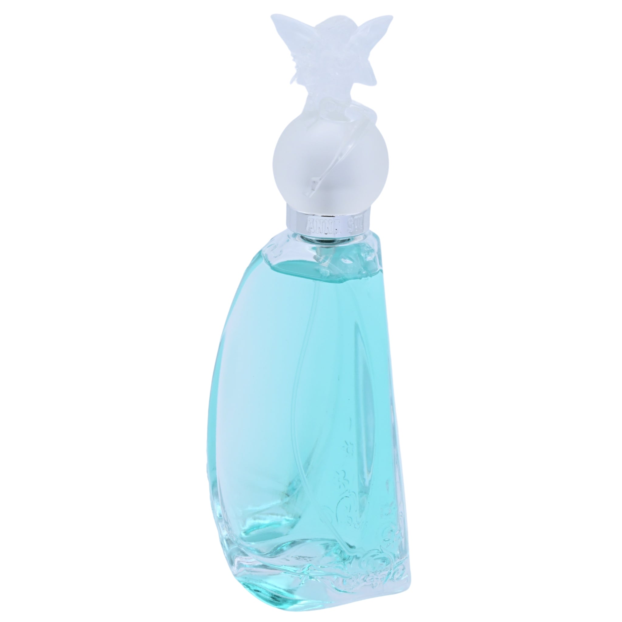 Blue perfume bottle with a unique design on a white background