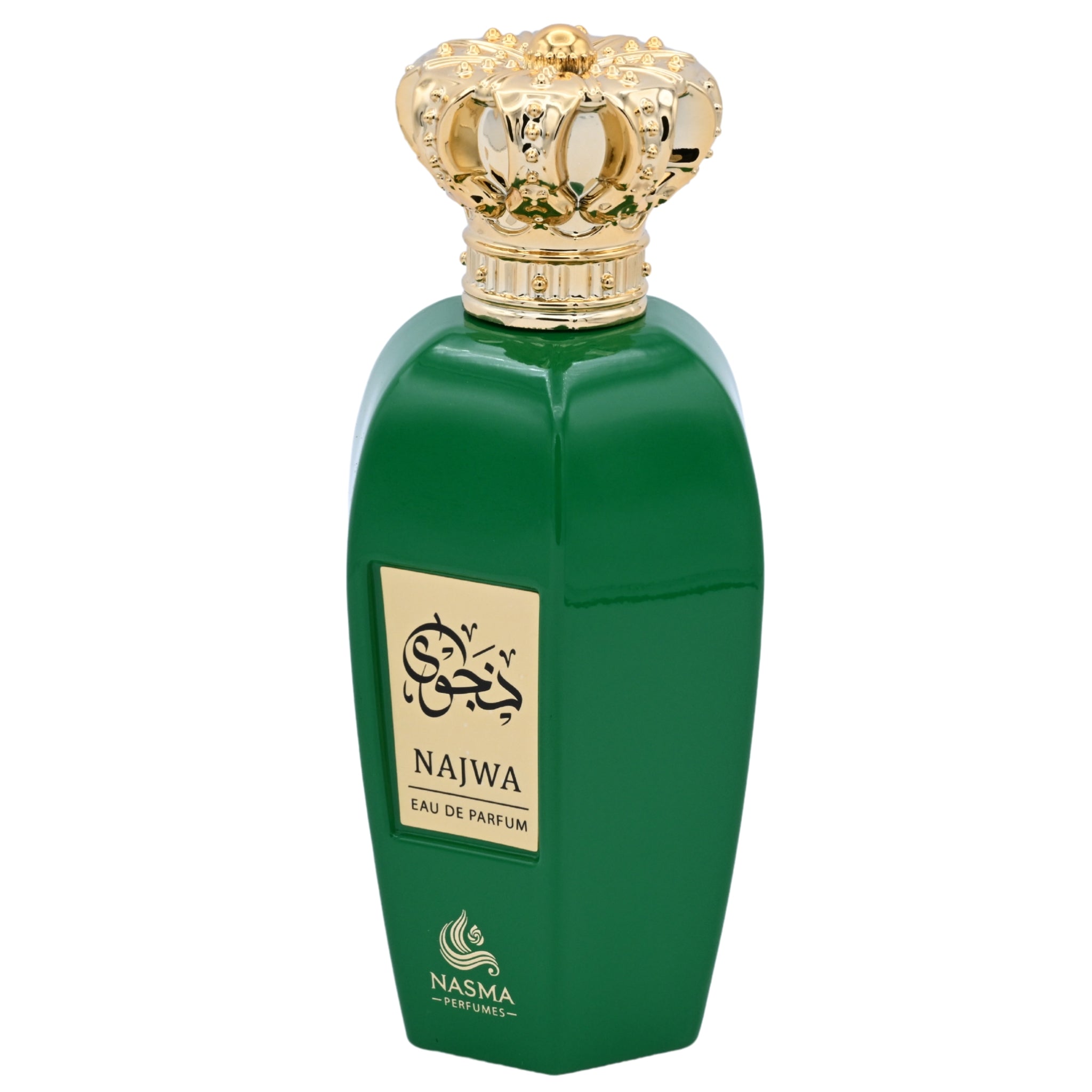 Green perfume bottle with gold cap on a white background