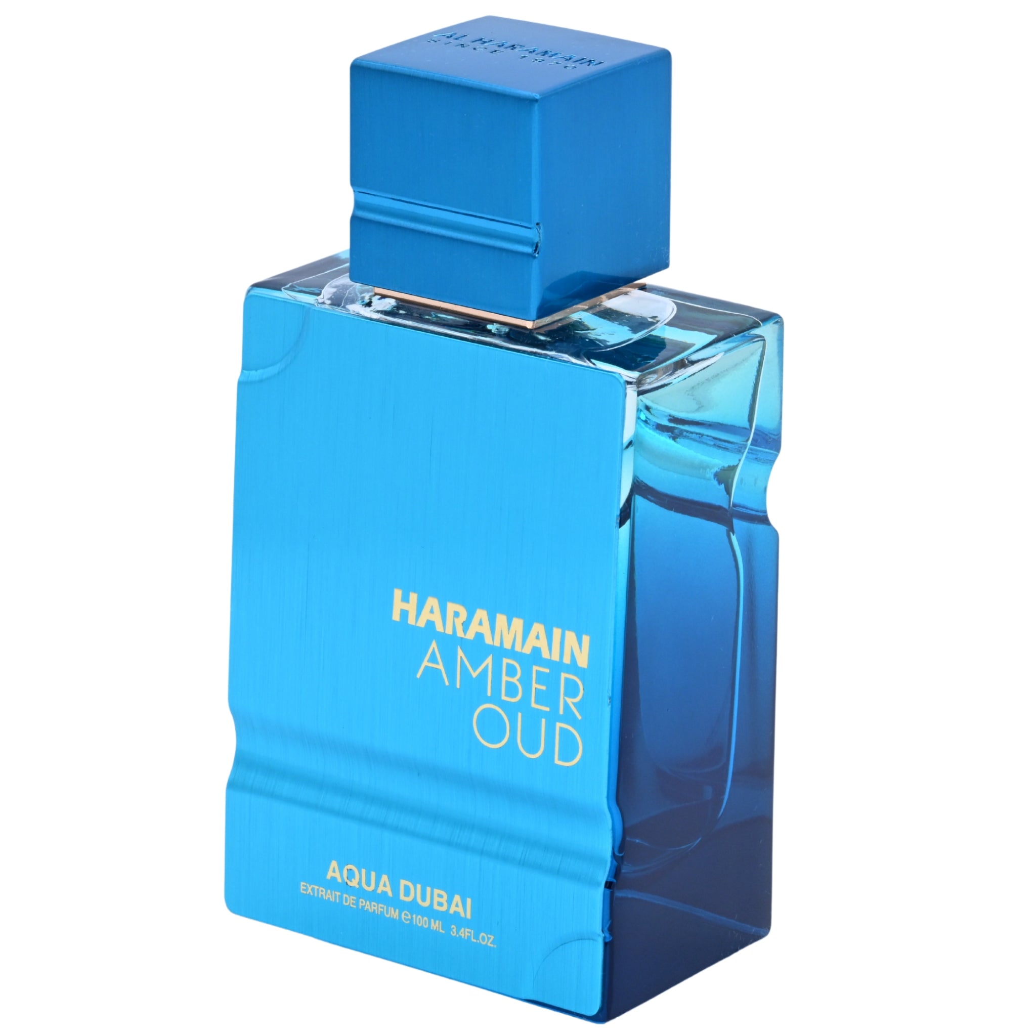 Blue perfume bottle with 'Haramain Amber Oud' text on a white background