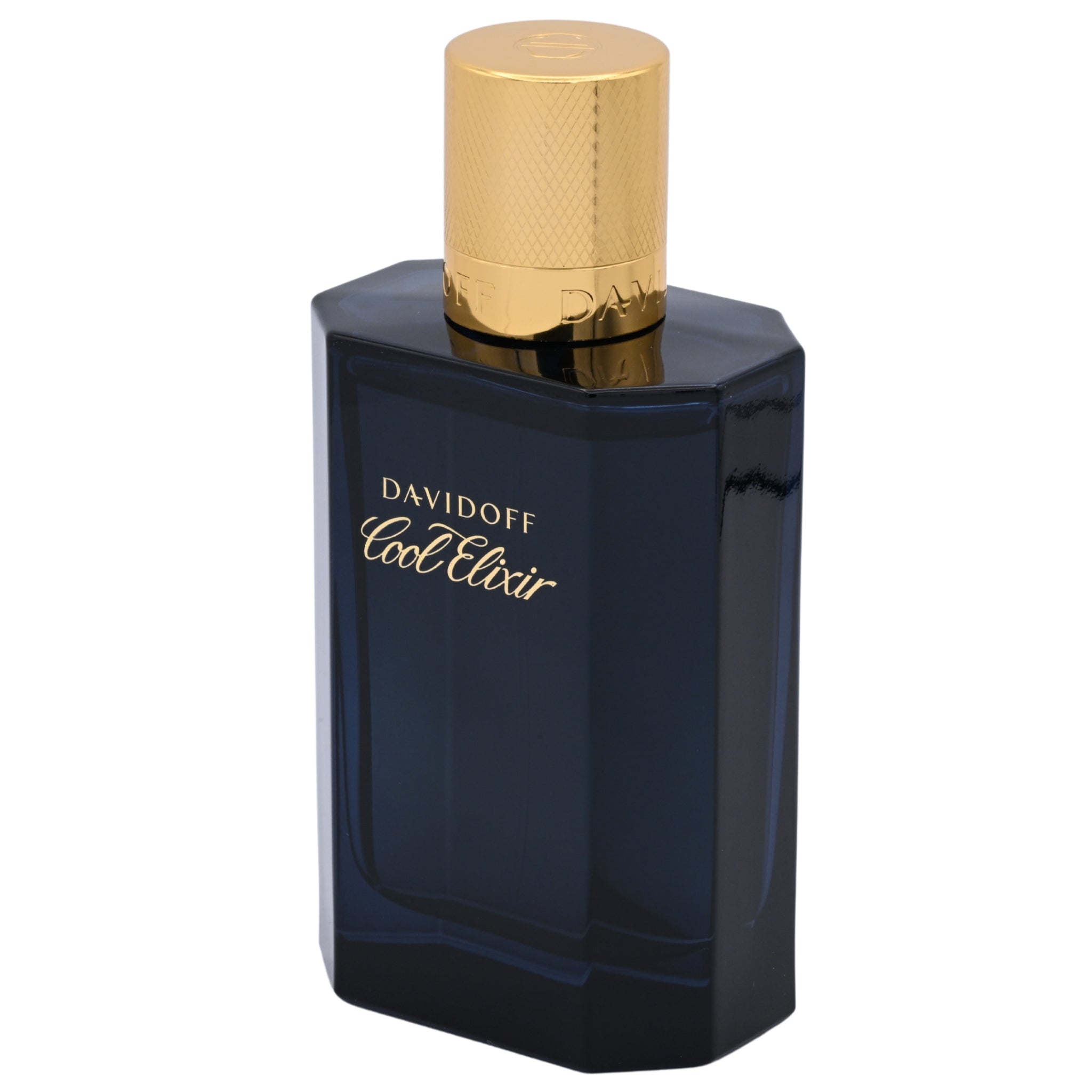 Davidoff Cool Elixir perfume bottle with gold cap on a white background