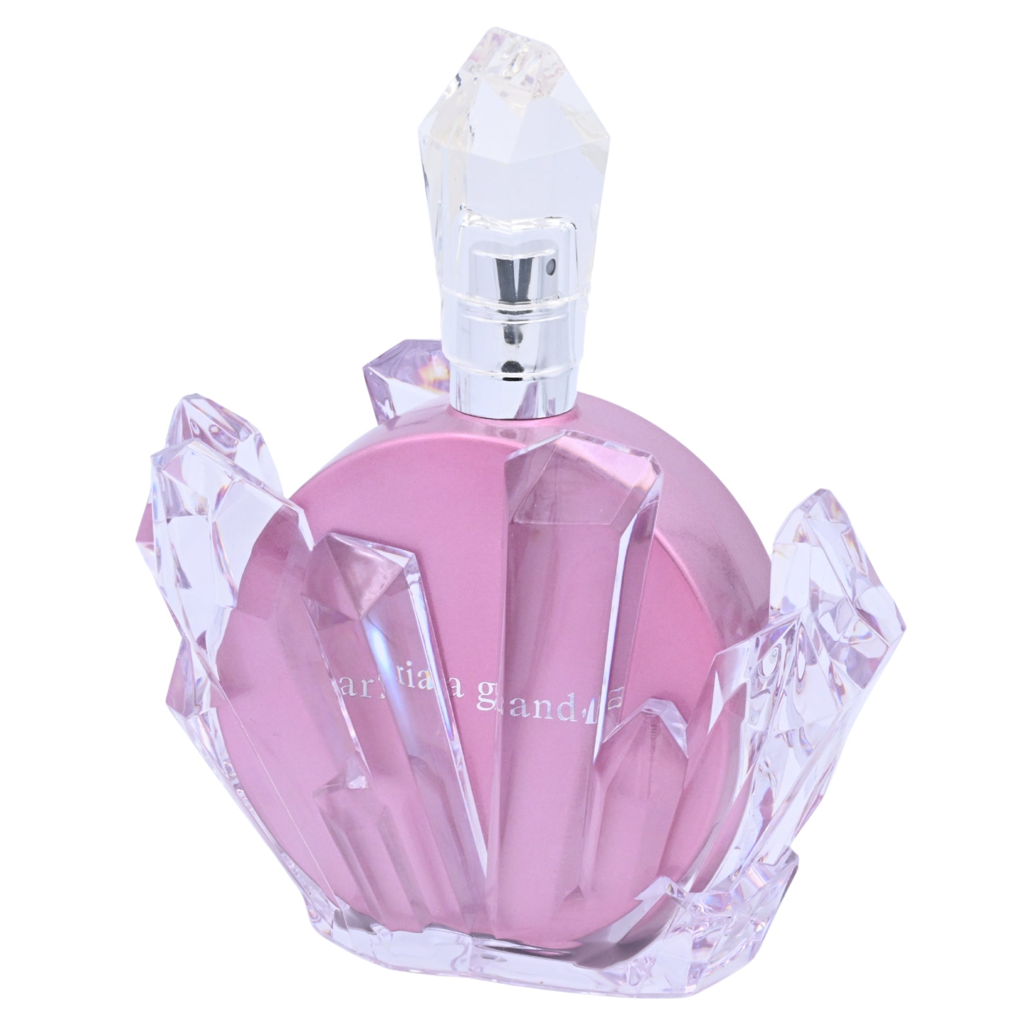 Pink perfume bottle with clear crystal-like design on a white background