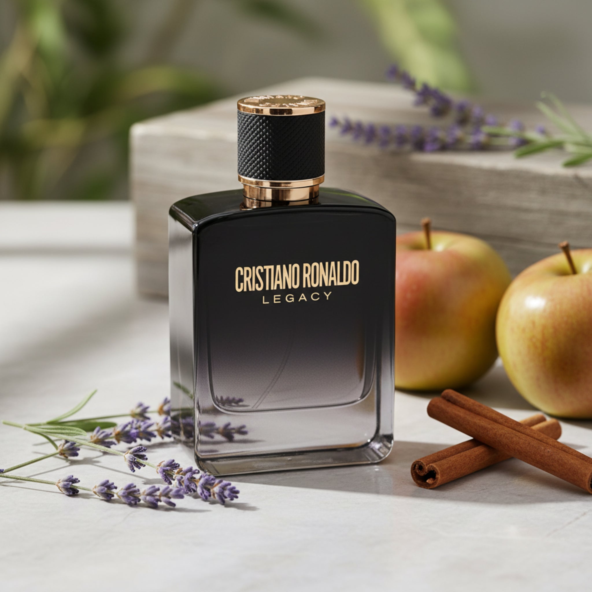 Black perfume bottle with gold cap labeled 'Cristiano Ronaldo Legacy' on a white background