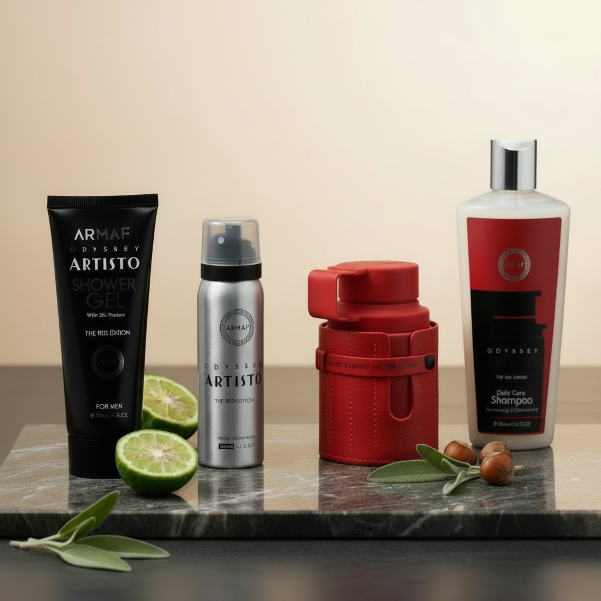 Set of Armaf Odyssey Artisto grooming products on a white background
