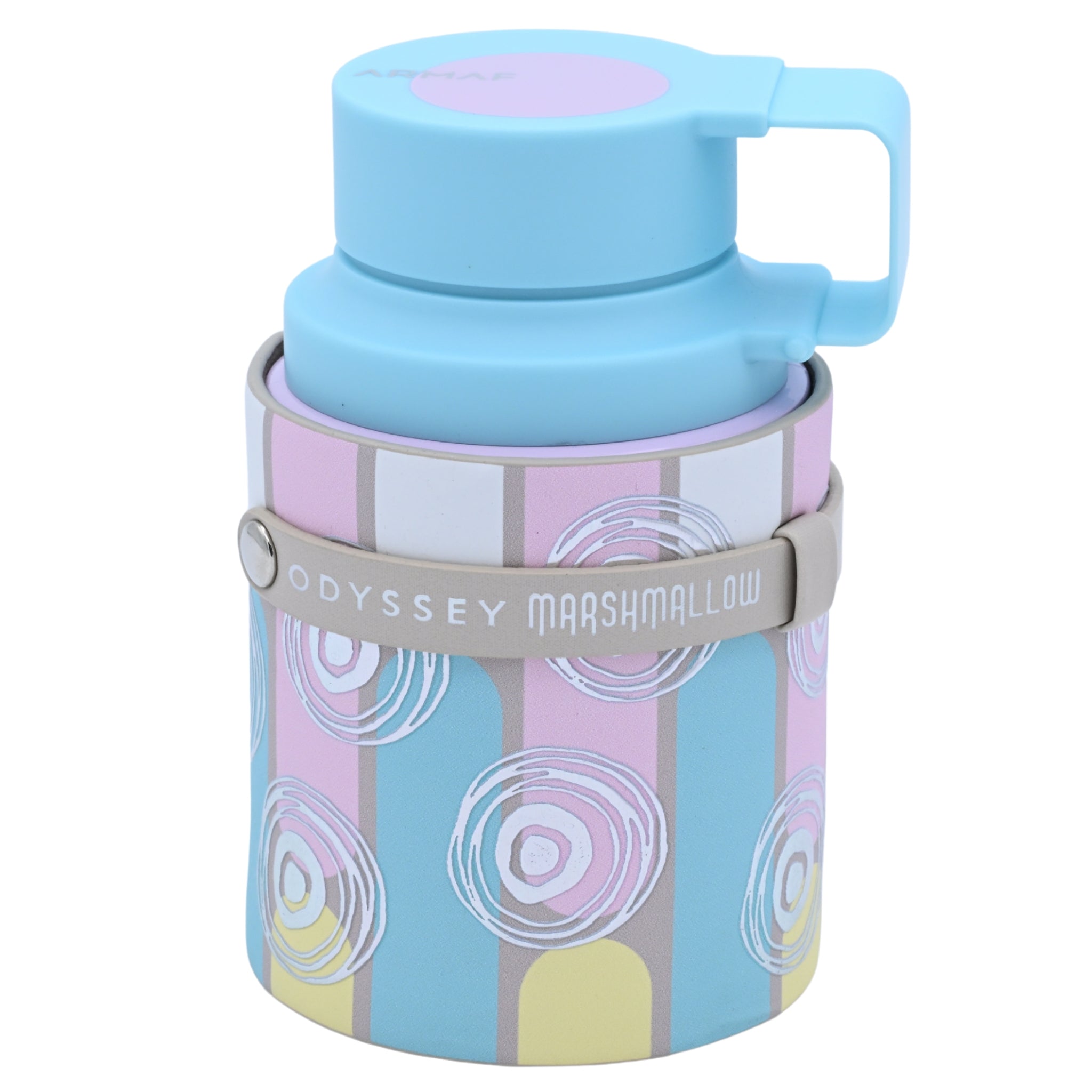 Colorful thermos with a patterned sleeve and 'Odyssey Marshmallow' branding on a white background