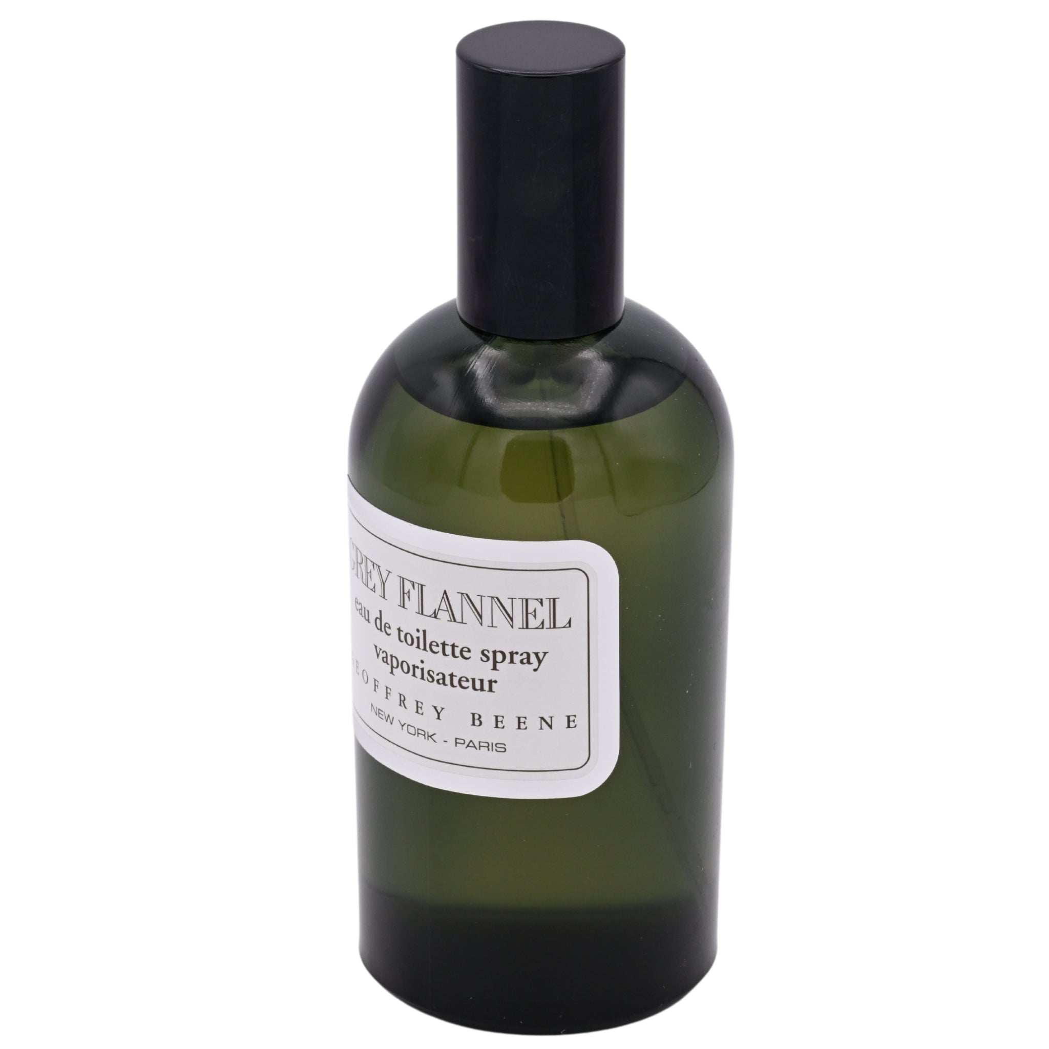 Green bottle of Honey Flannel perfume by Henry Beene on a white background