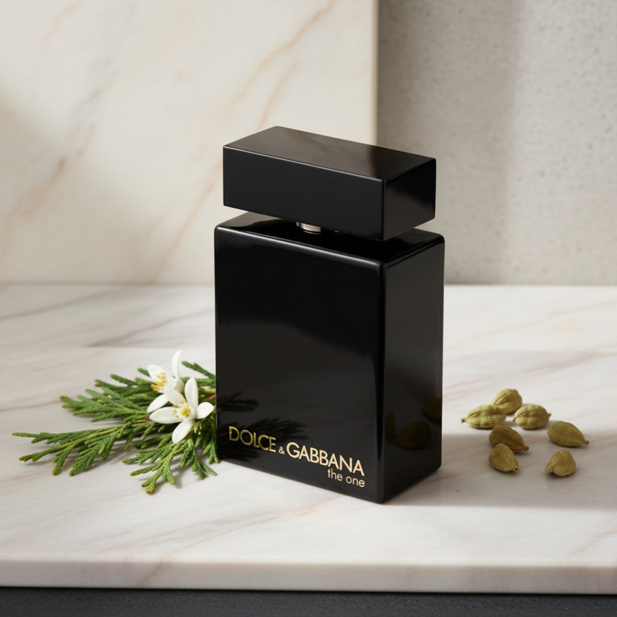 Black Dolce & Gabbana perfume bottle on a white background