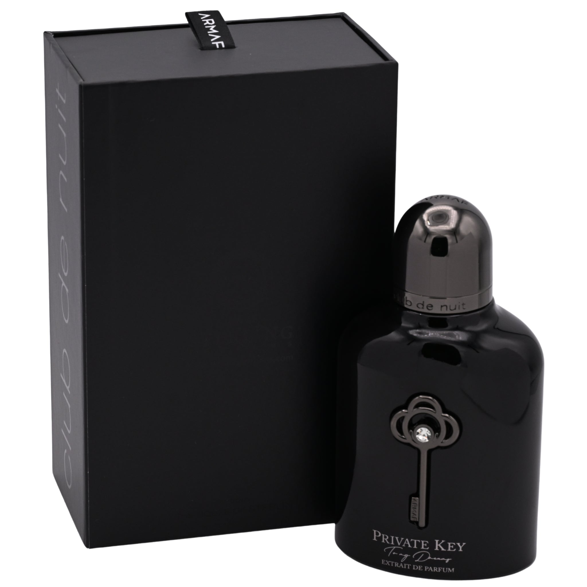 Black perfume bottle with key design and matching box on a white background