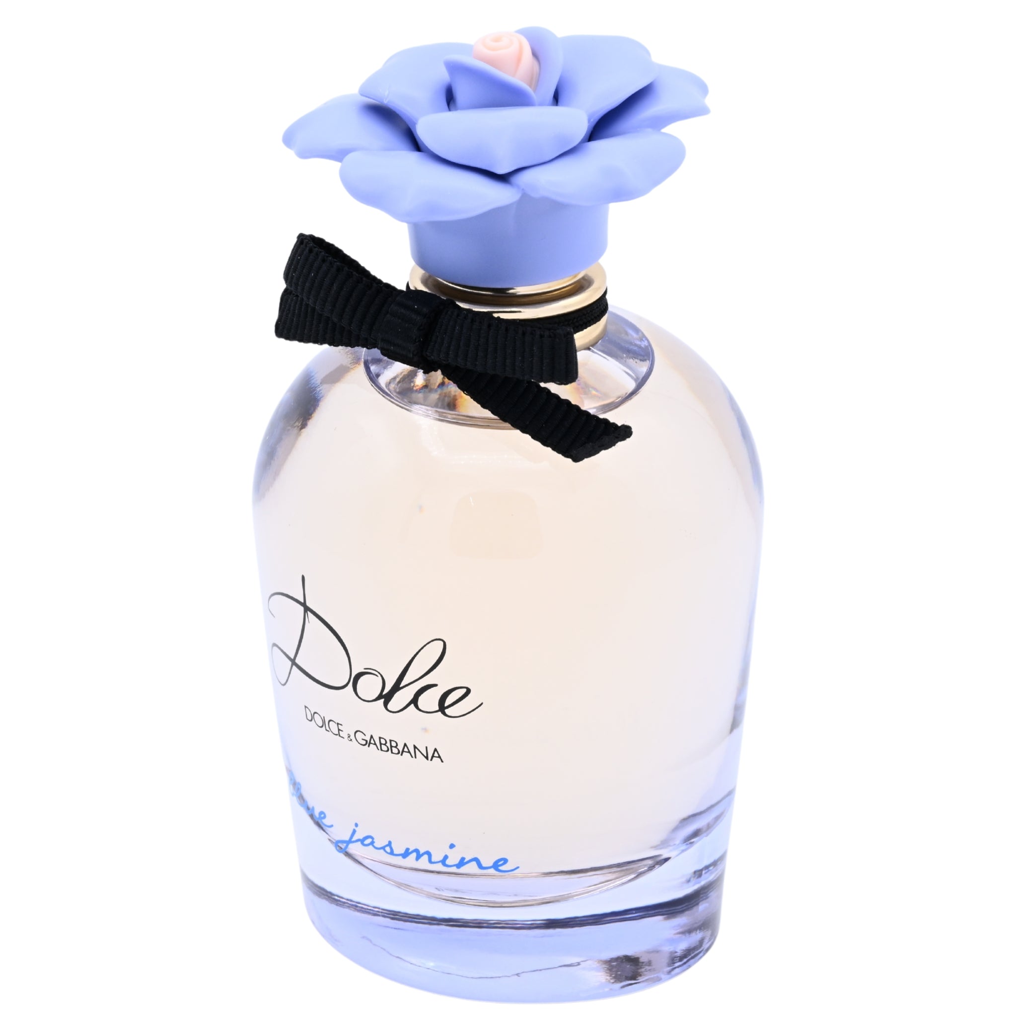 Dolce & Gabbana perfume bottle with a blue flower on a white background