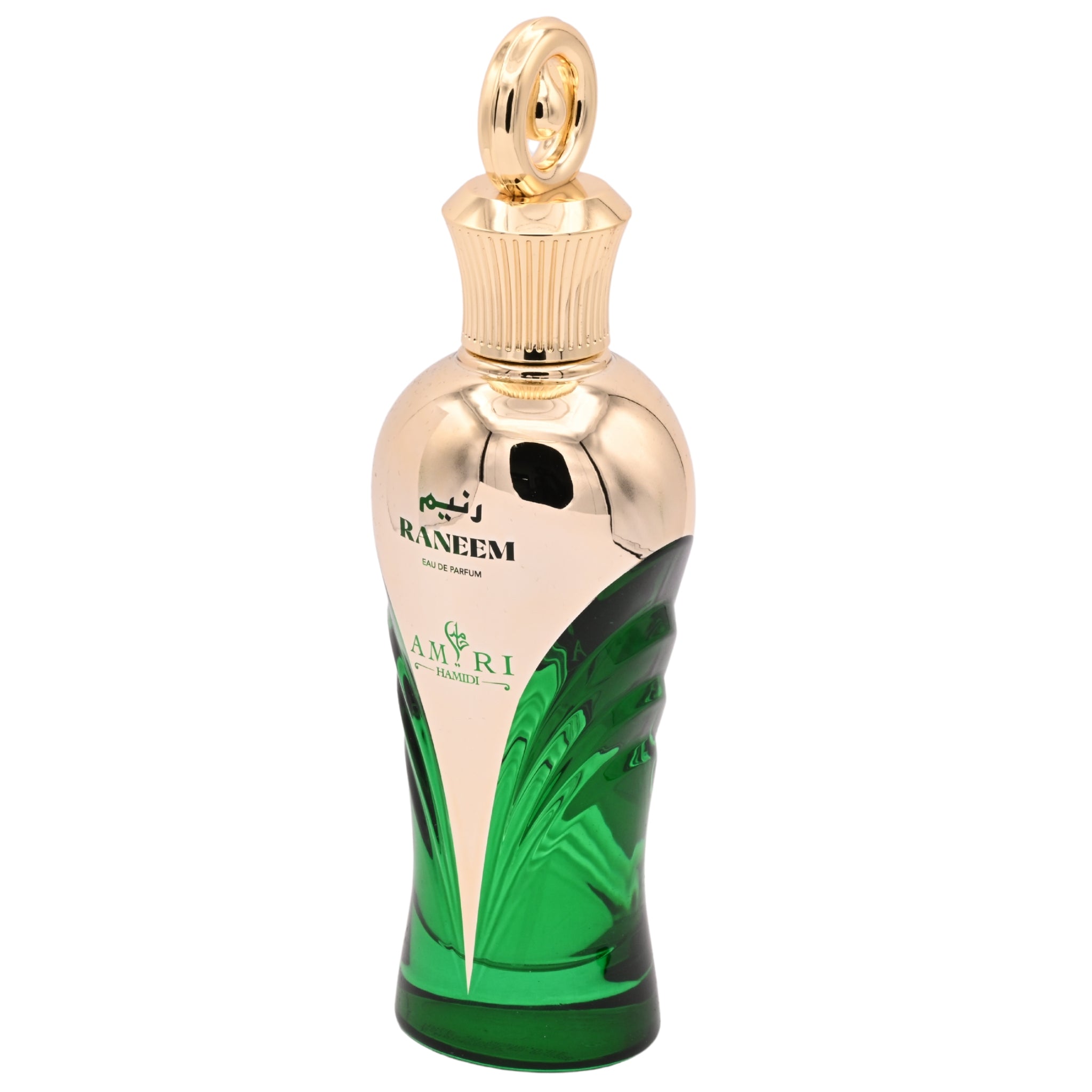 Perfume bottle with gold cap and green base on a white background