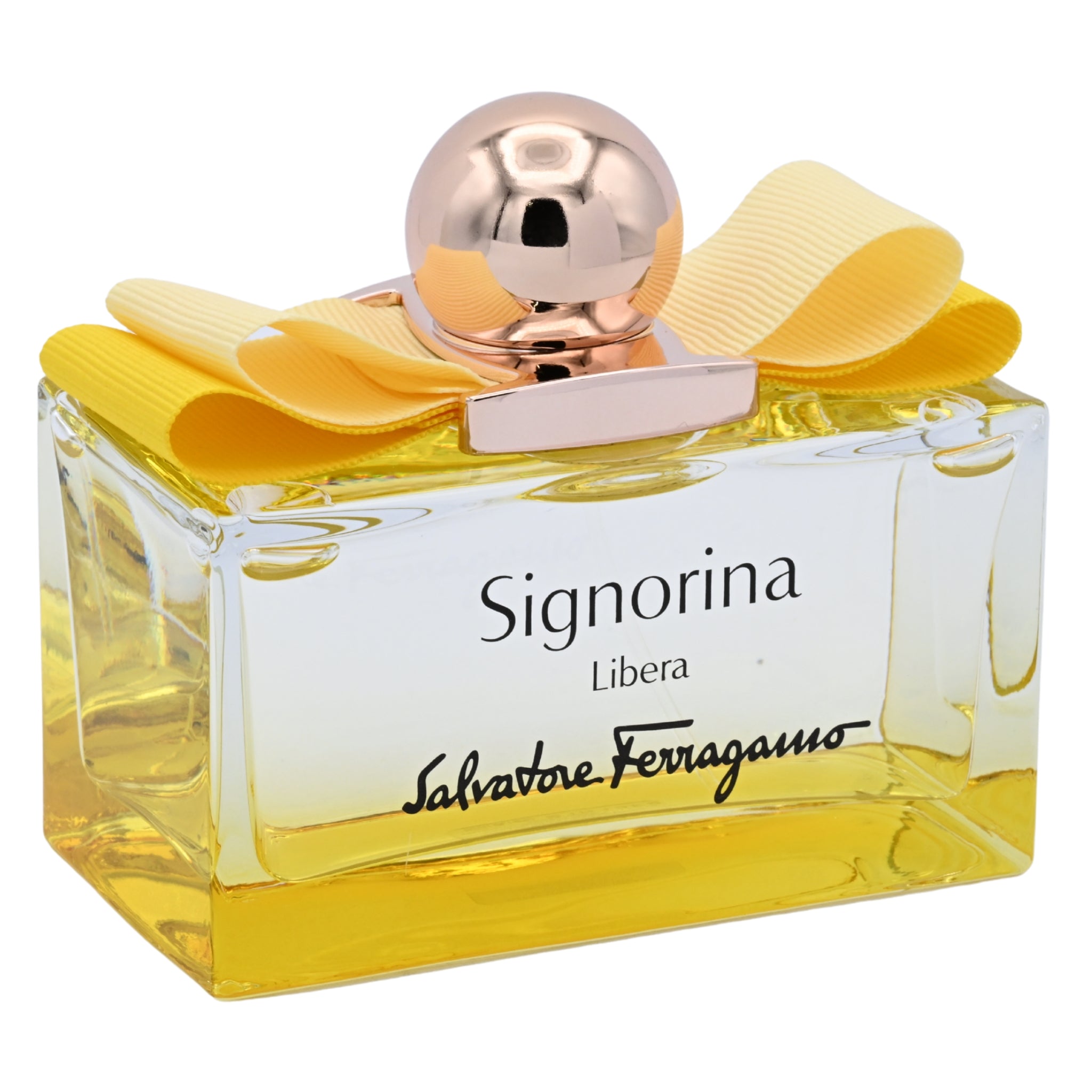 Salvatore Ferragamo Signorina Libera perfume bottle with yellow cap and label on a white background