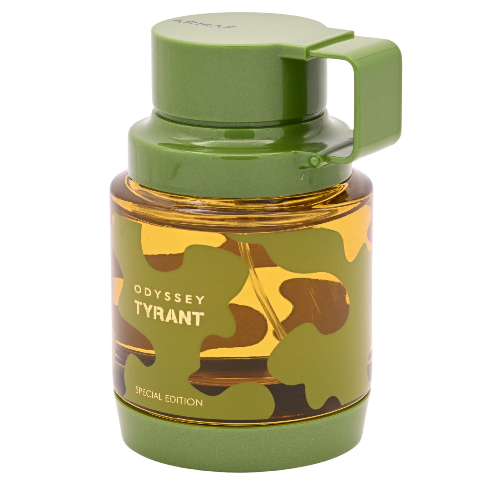 Green and camouflage-patterned water bottle with a green lid on a white background