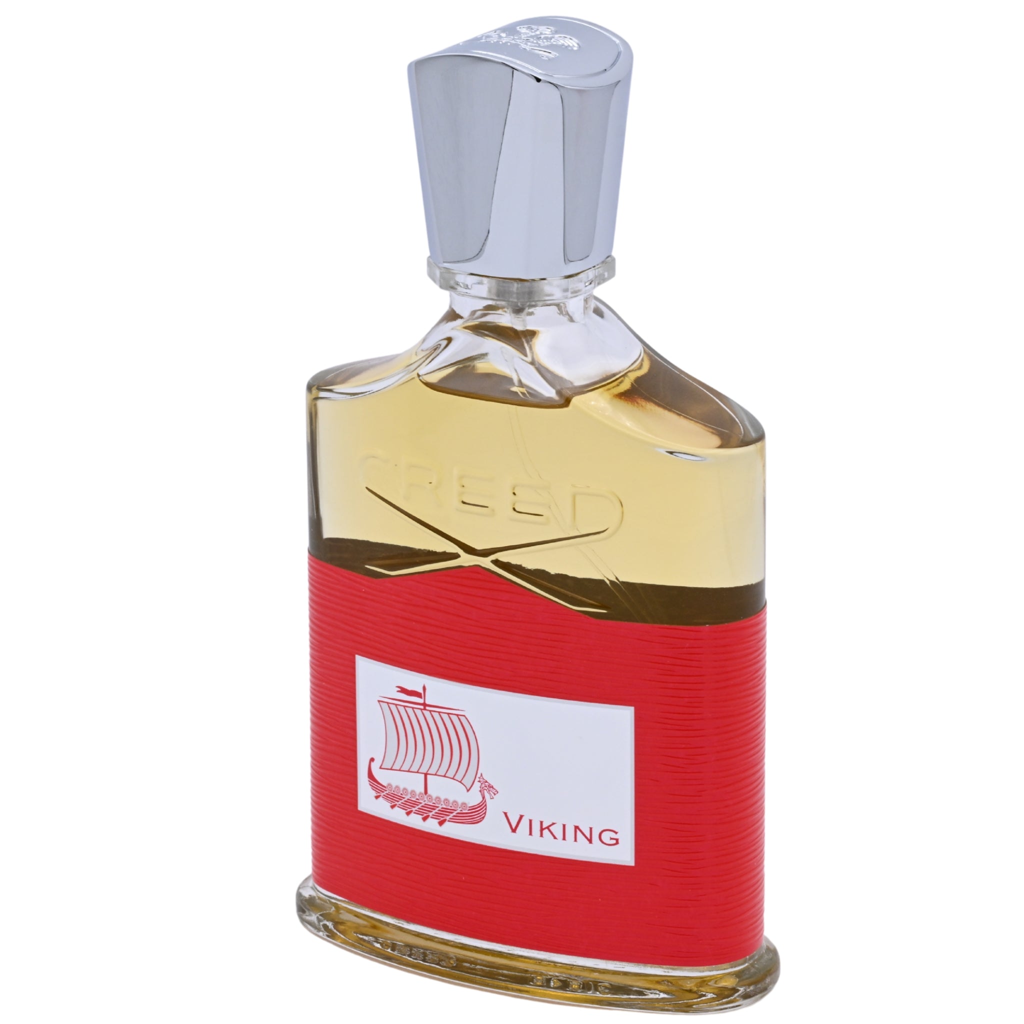 Perfume bottle with red label and Viking logo on a white background