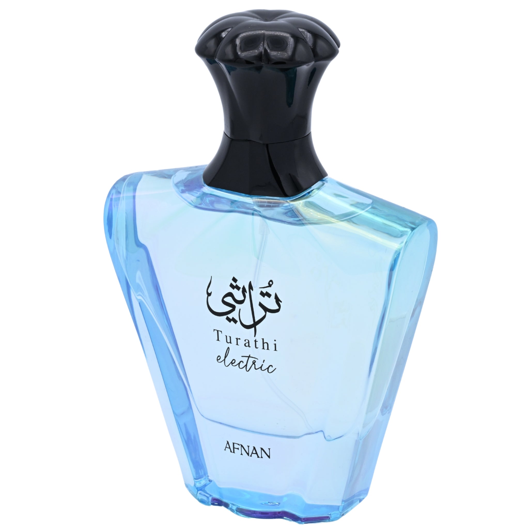 Blue perfume bottle with black cap on a white background