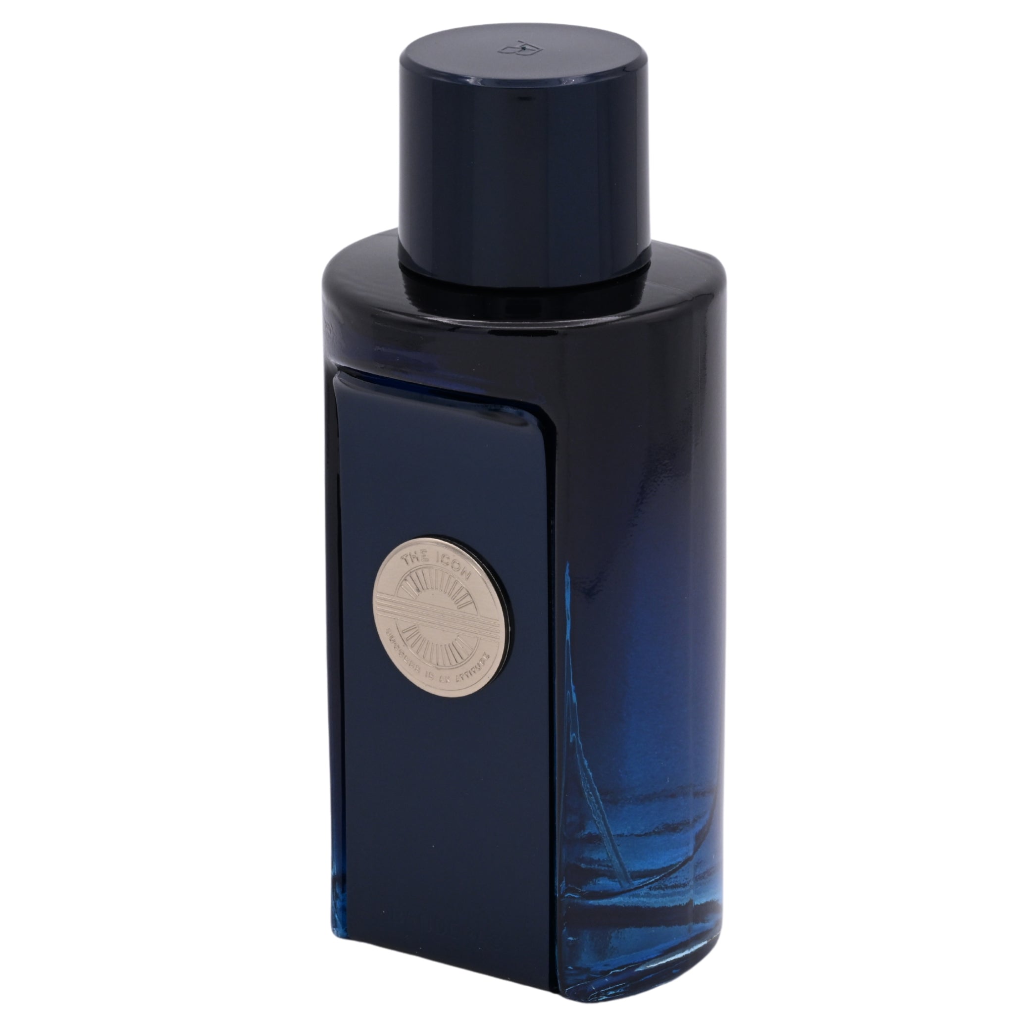 Blue perfume bottle with a dark cap on a white background
