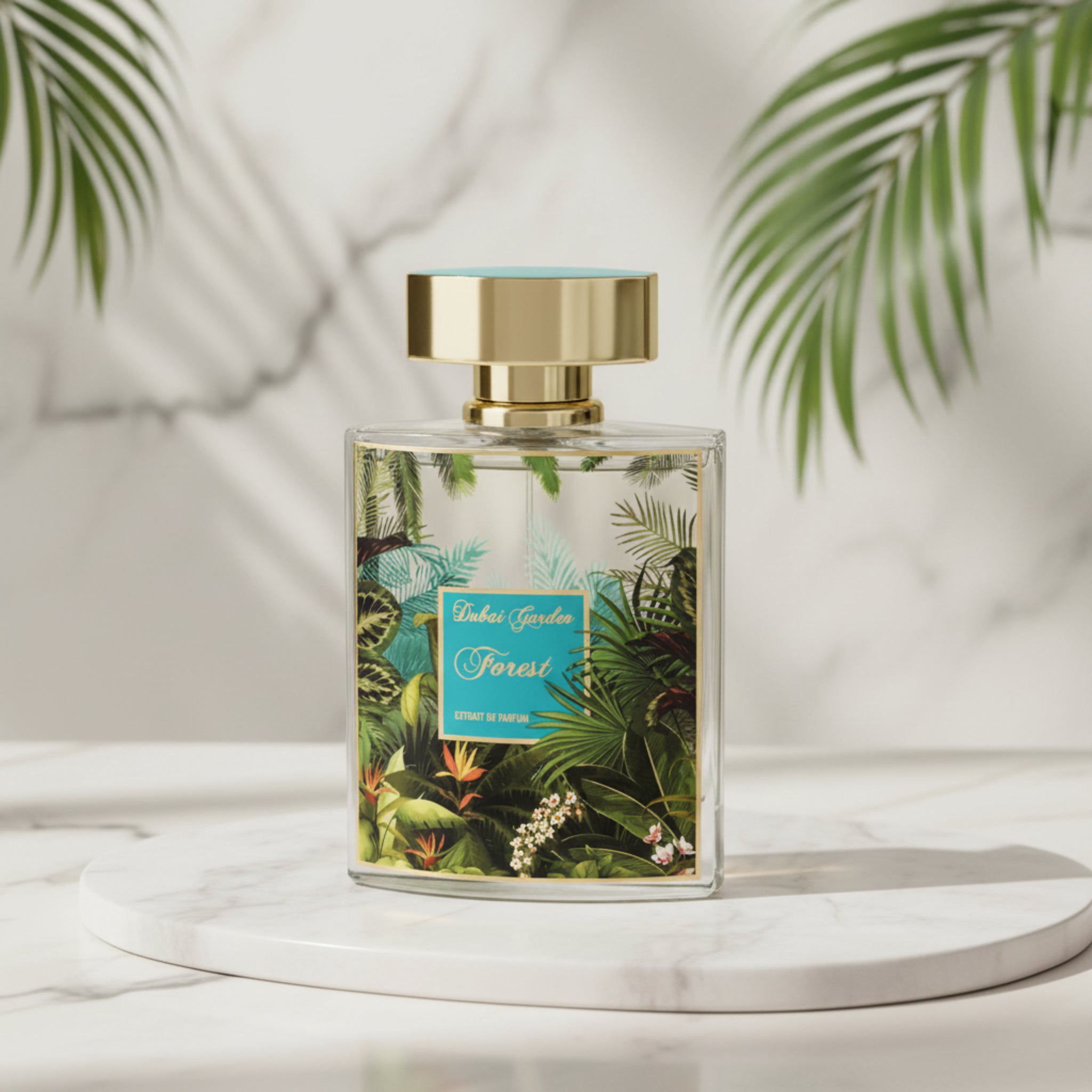 Perfume bottle with tropical design label on a white surface with green leaves in the background
