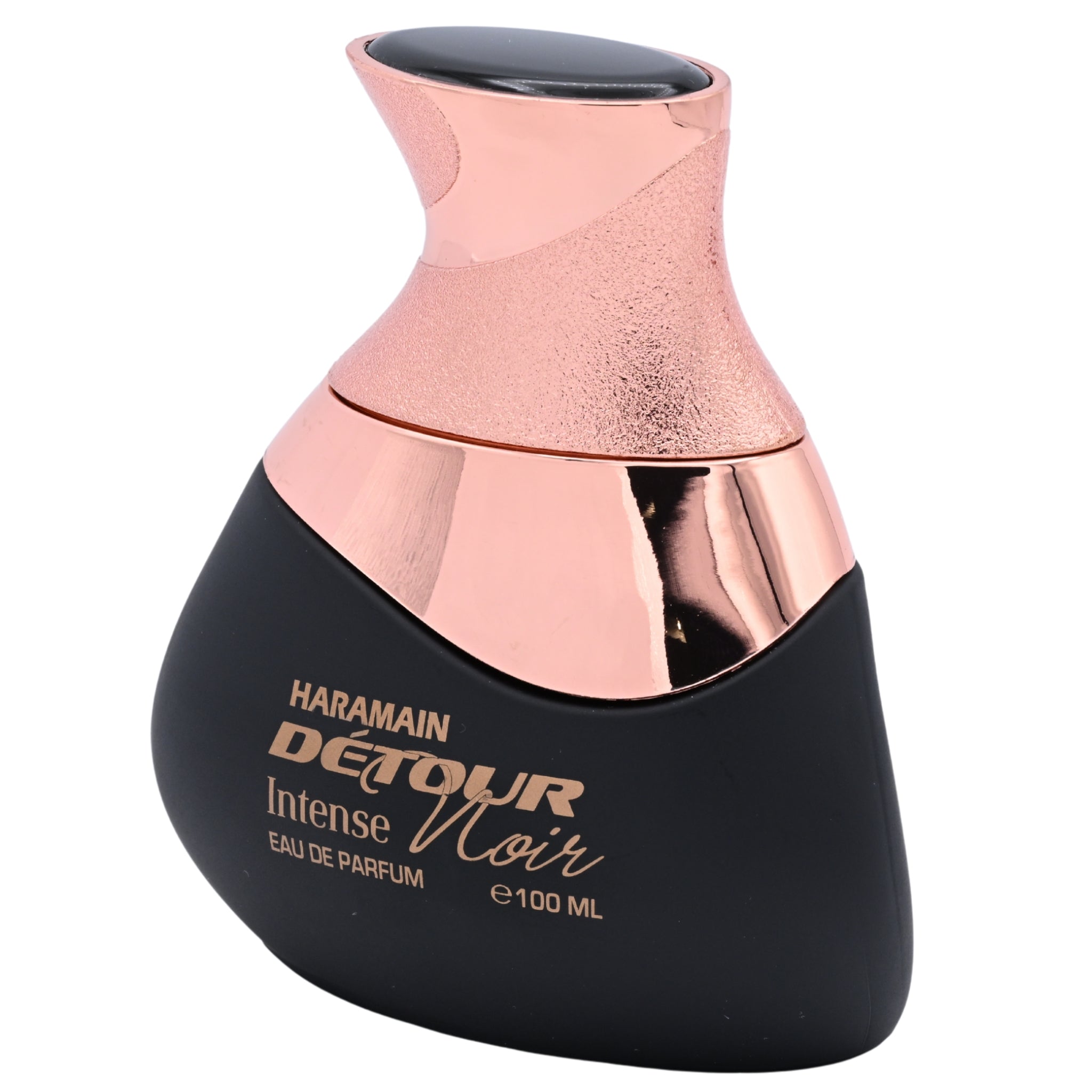 Perfume bottle with black and rose gold design on a white background