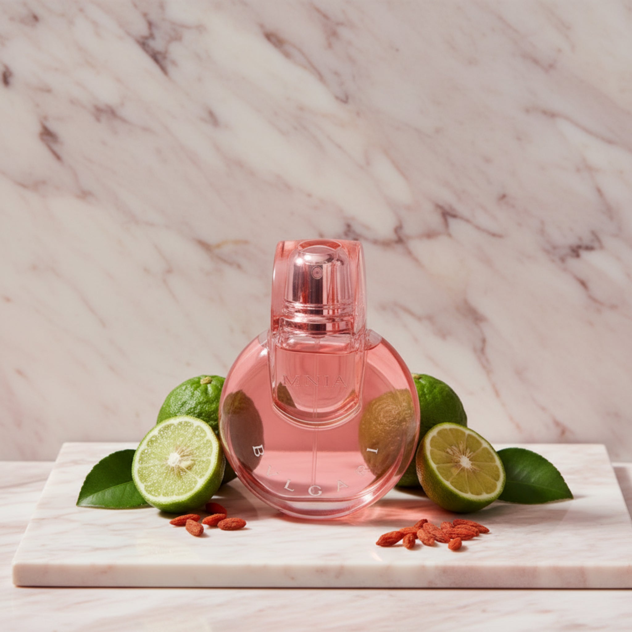 Red Bvlgari perfume bottle on a white background