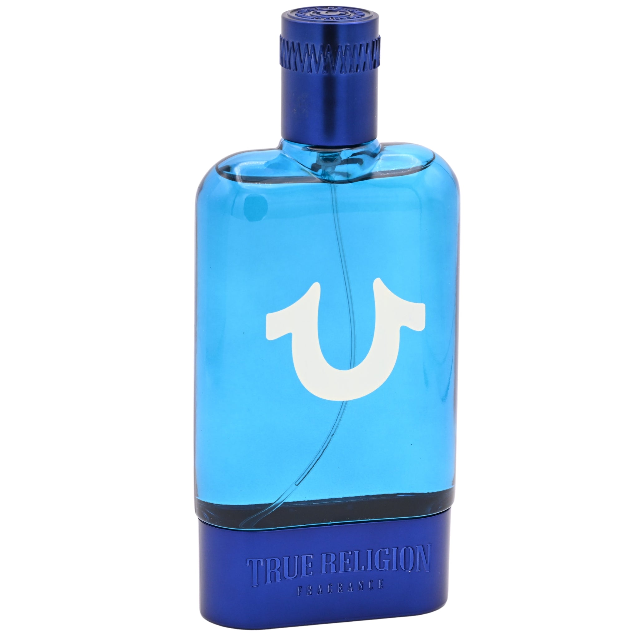 Blue perfume bottle with 'True Religion' branding on a white background