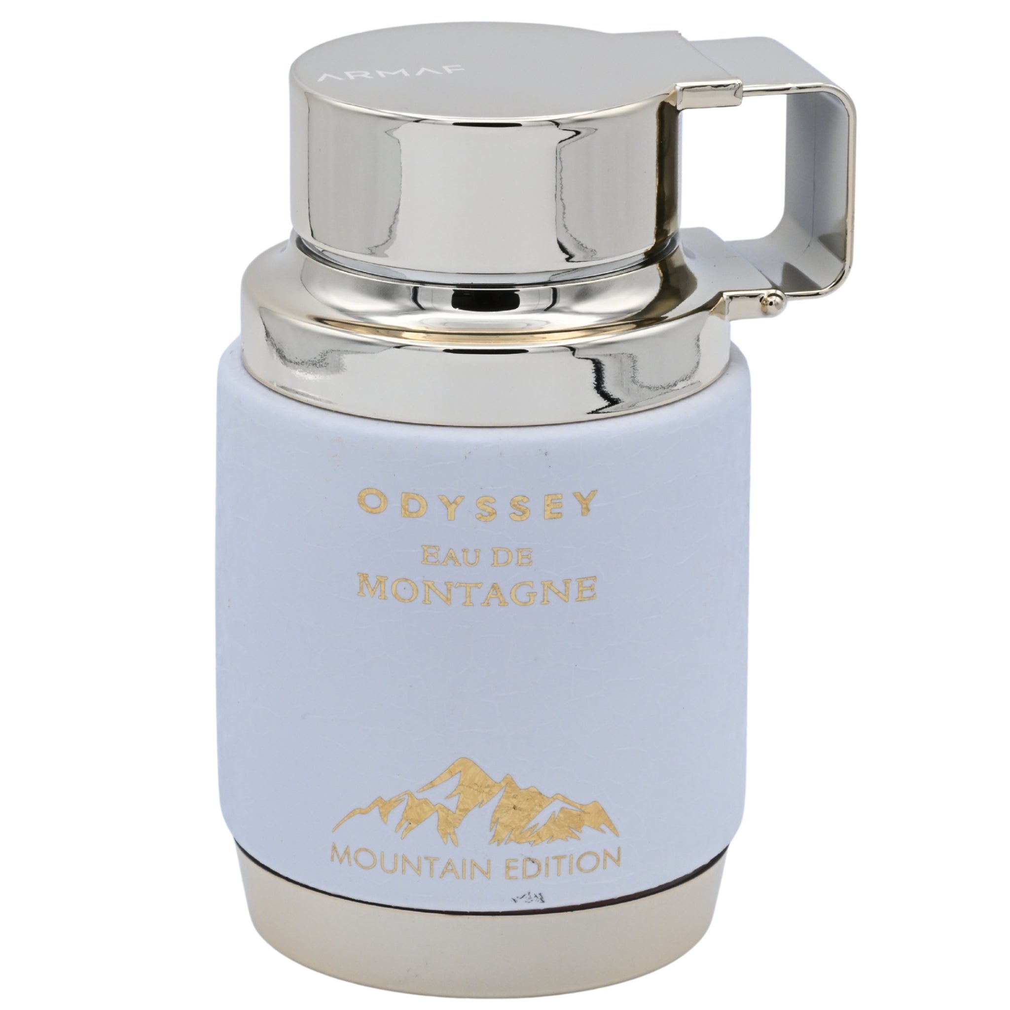 Perfume bottle with silver cap and light blue body on a white background