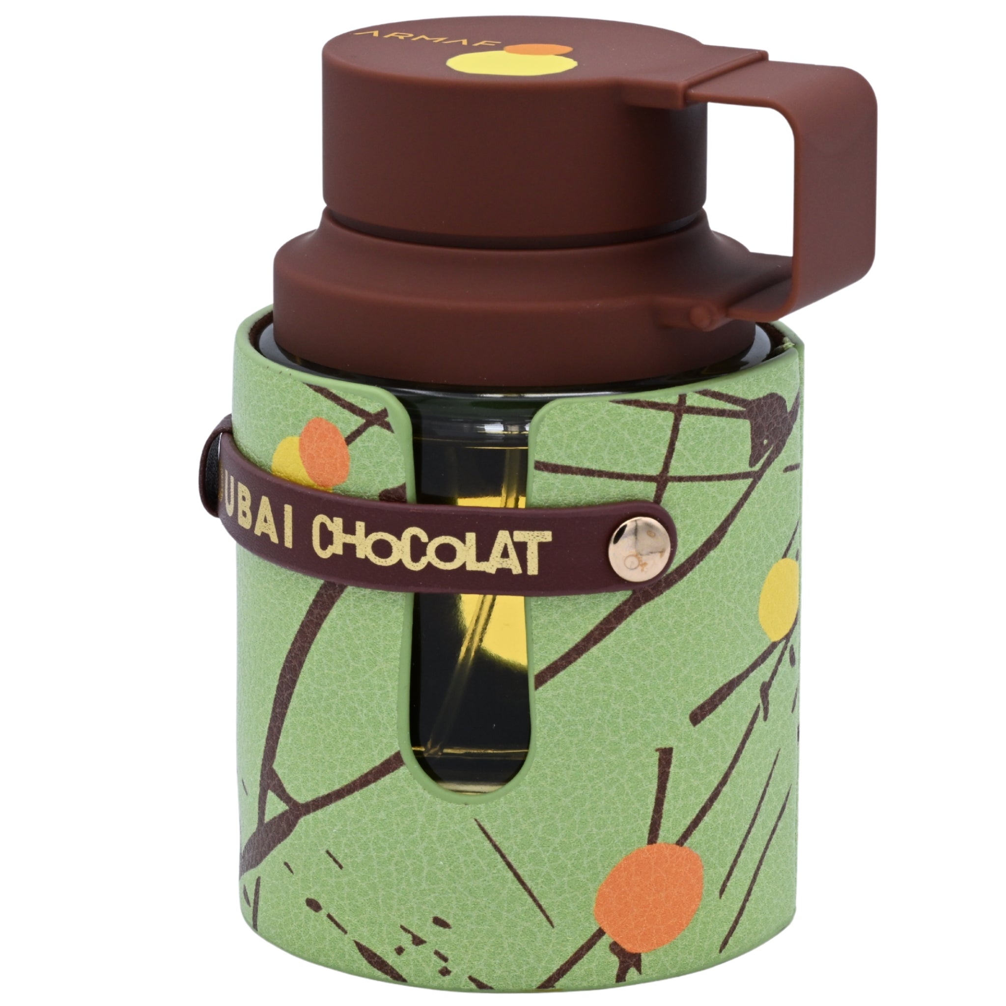 Green thermos with brown lid and 'Dubai Chocolat' branding on a white background