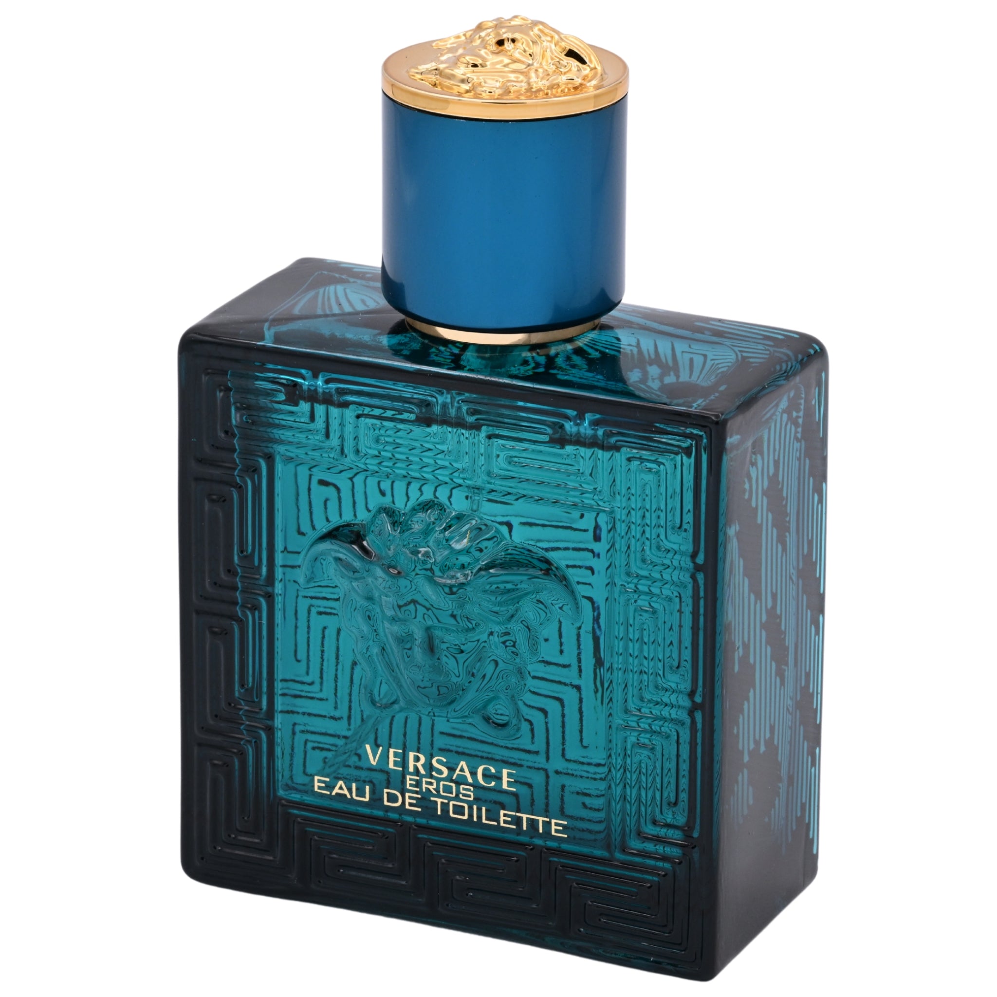 Versace Eros Eau de Toilette bottle with blue glass and gold cap on a white background