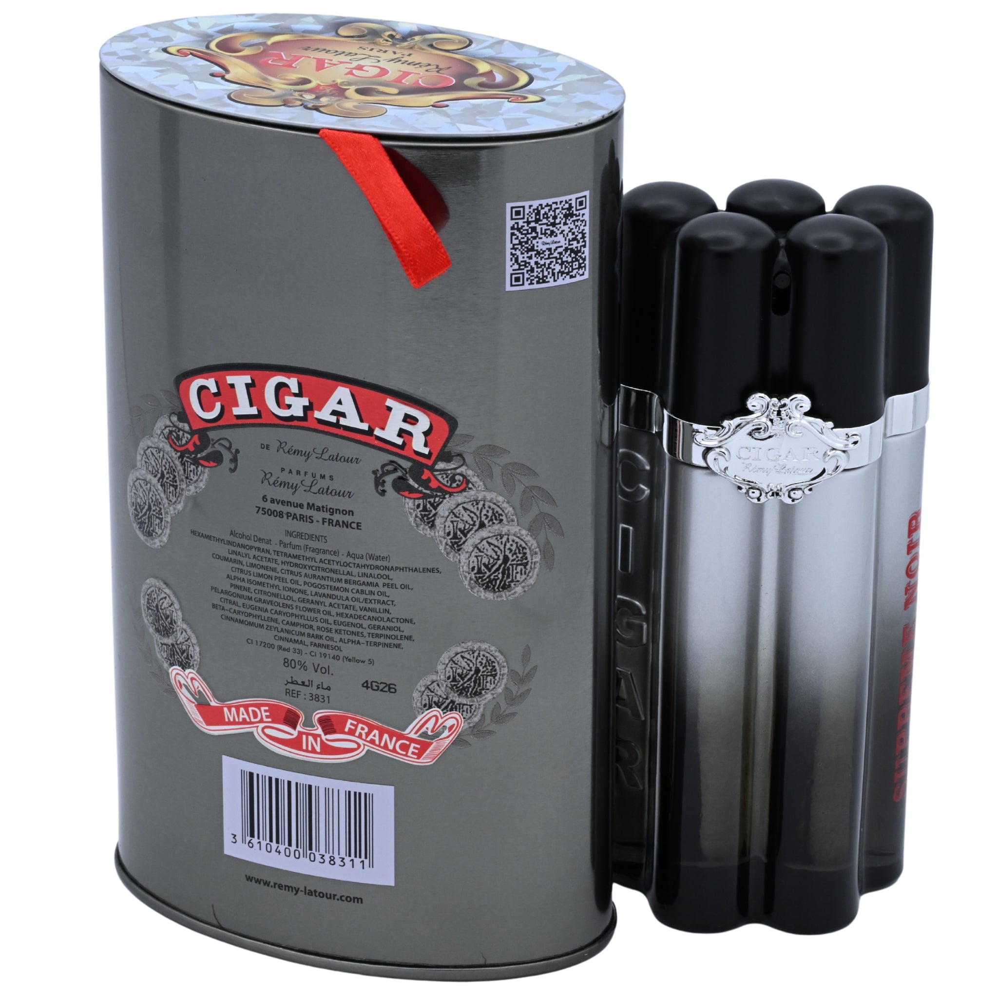 Cigar-themed perfume bottle with a cylindrical tin on a white background