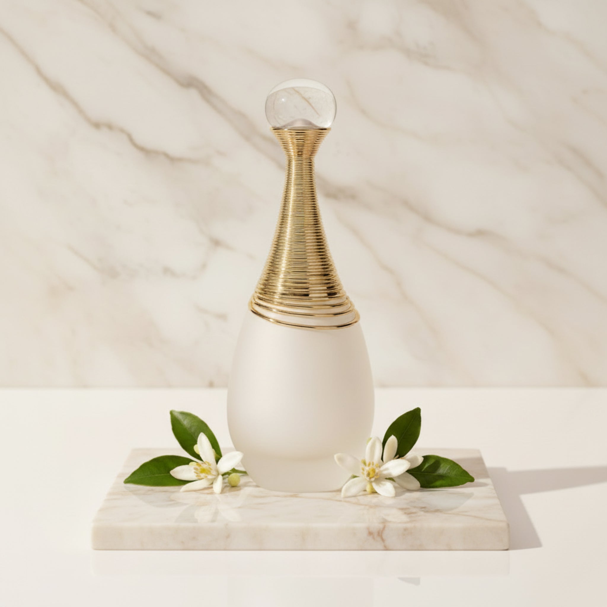 J'adore Parfum D'Eau perfume bottle white base and gold accents on a white background