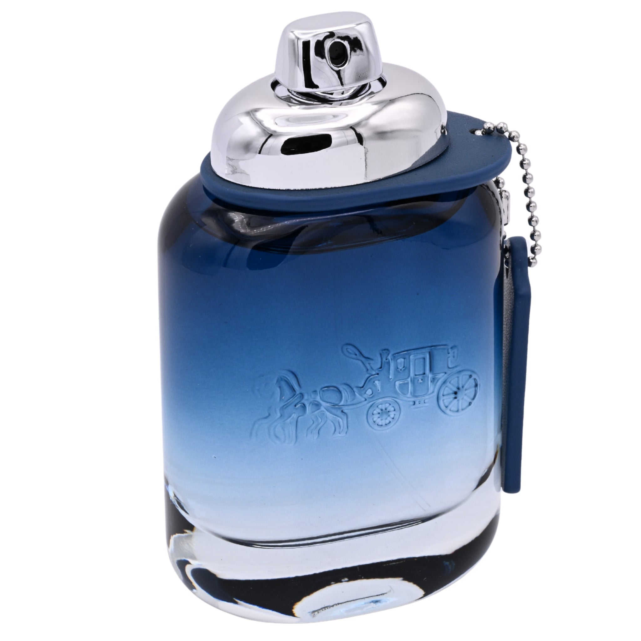 Blue perfume bottle with silver cap on a white background