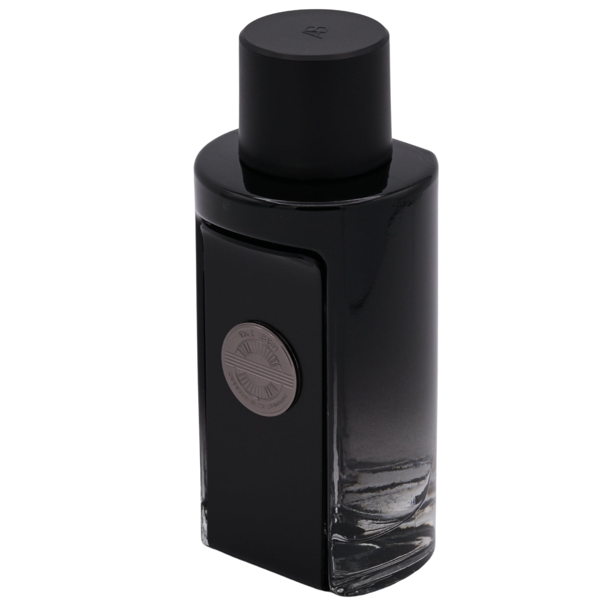 Black perfume bottle with a black cap on a white background