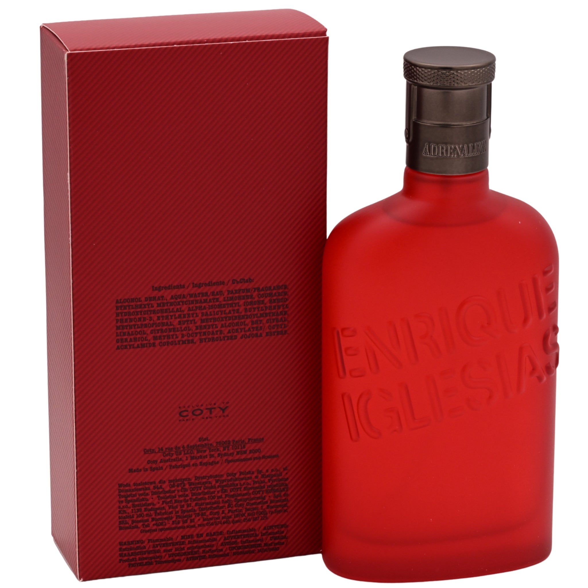 Red Enrique Iglesias Adrenaline perfume bottle and packaging on a white background