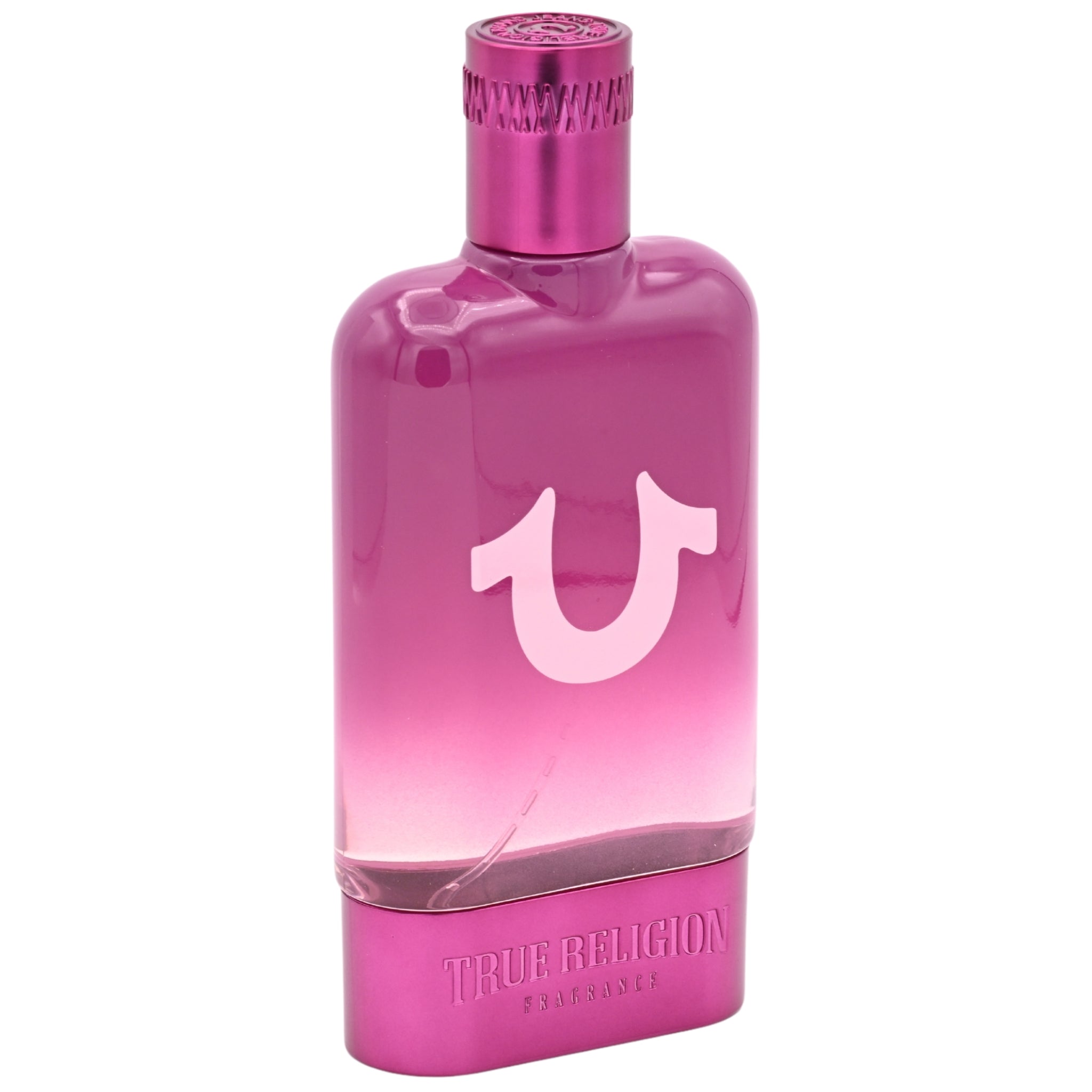 Pink perfume bottle with a visible brand logo on a white background