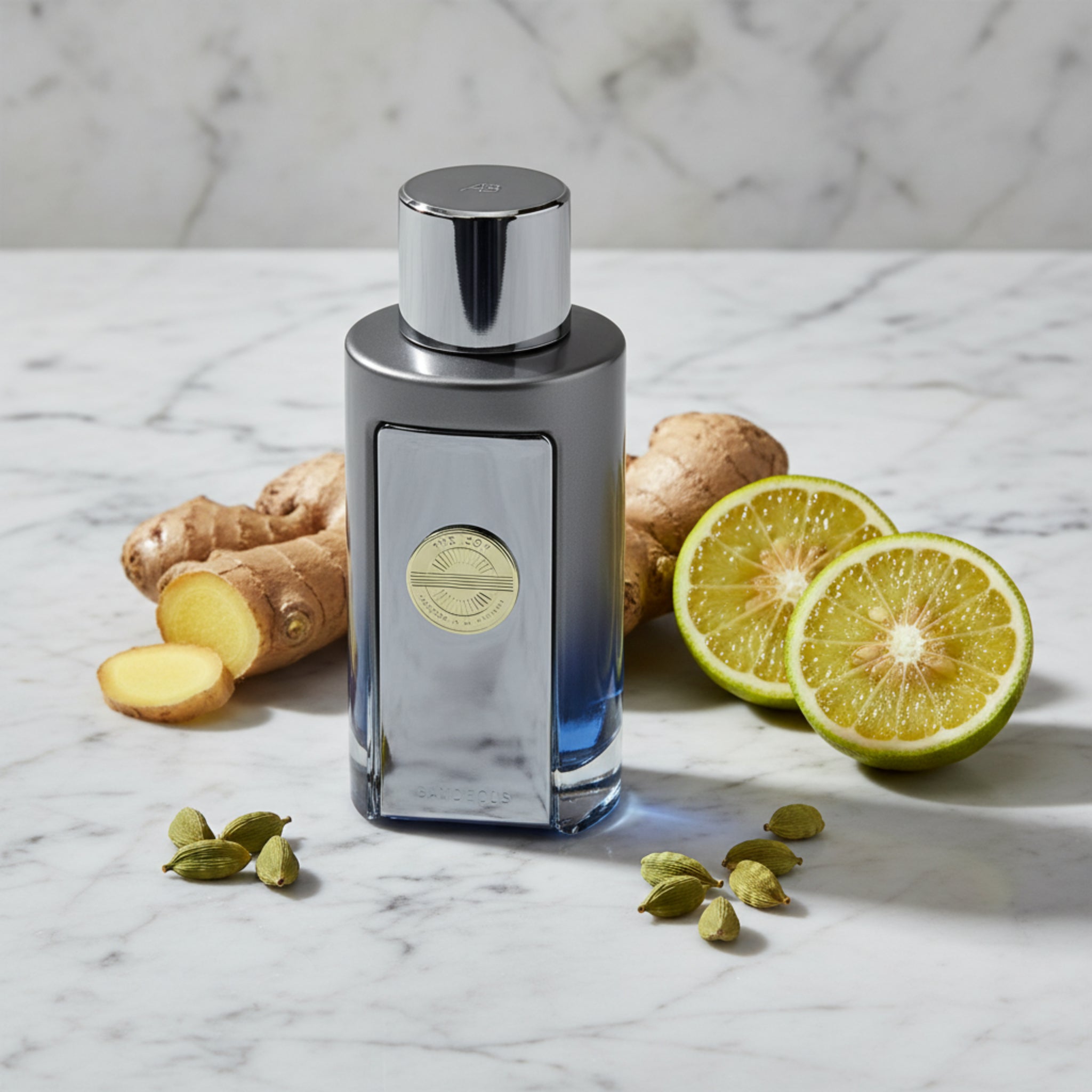 Perfume bottle with blue base and silver cap on a white background