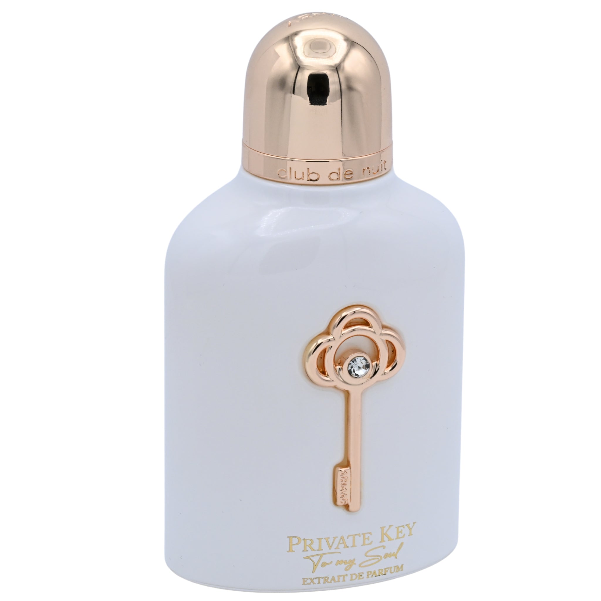 Perfume bottle with gold key design on a white background