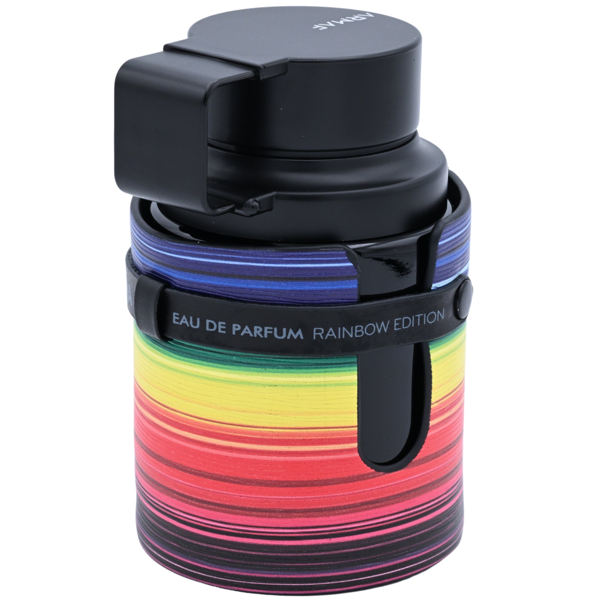 Colorful perfume bottle with rainbow design on a white background