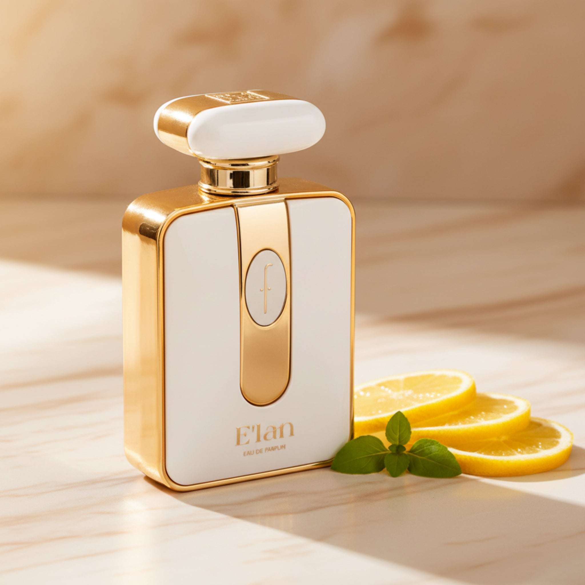 Gold and white perfume bottle with 'Elan' branding on a white background