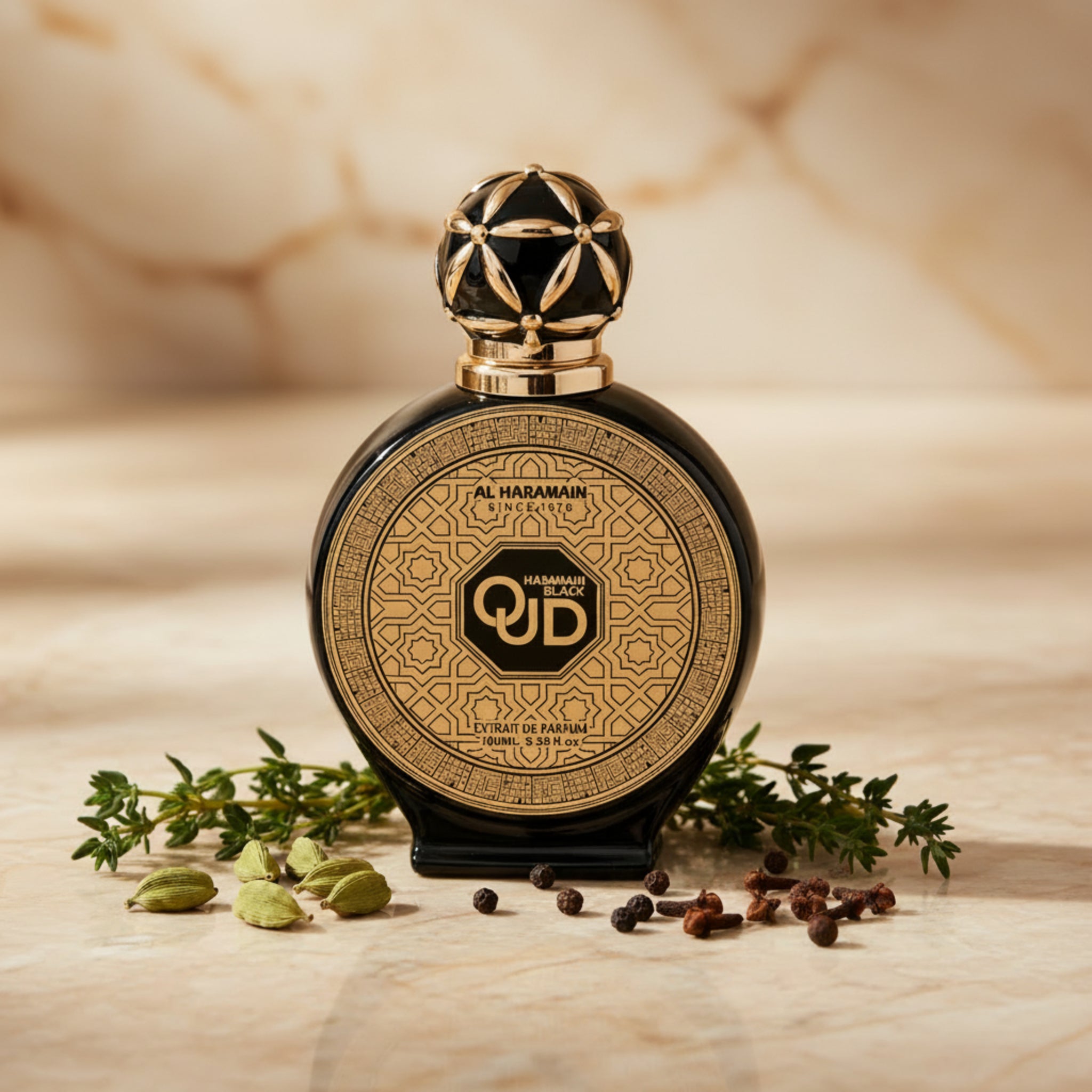 Black and gold Al Haramain perfume bottle on a white background