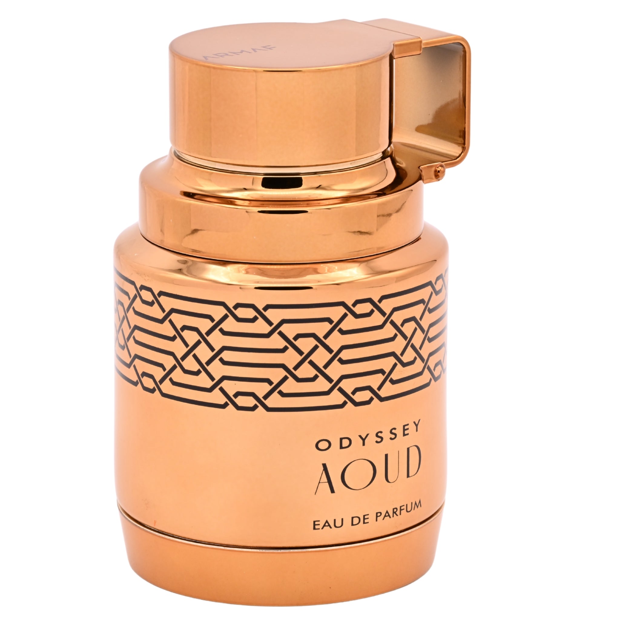 Rose gold Odyssey Aoud eau de parfum bottle on a white background