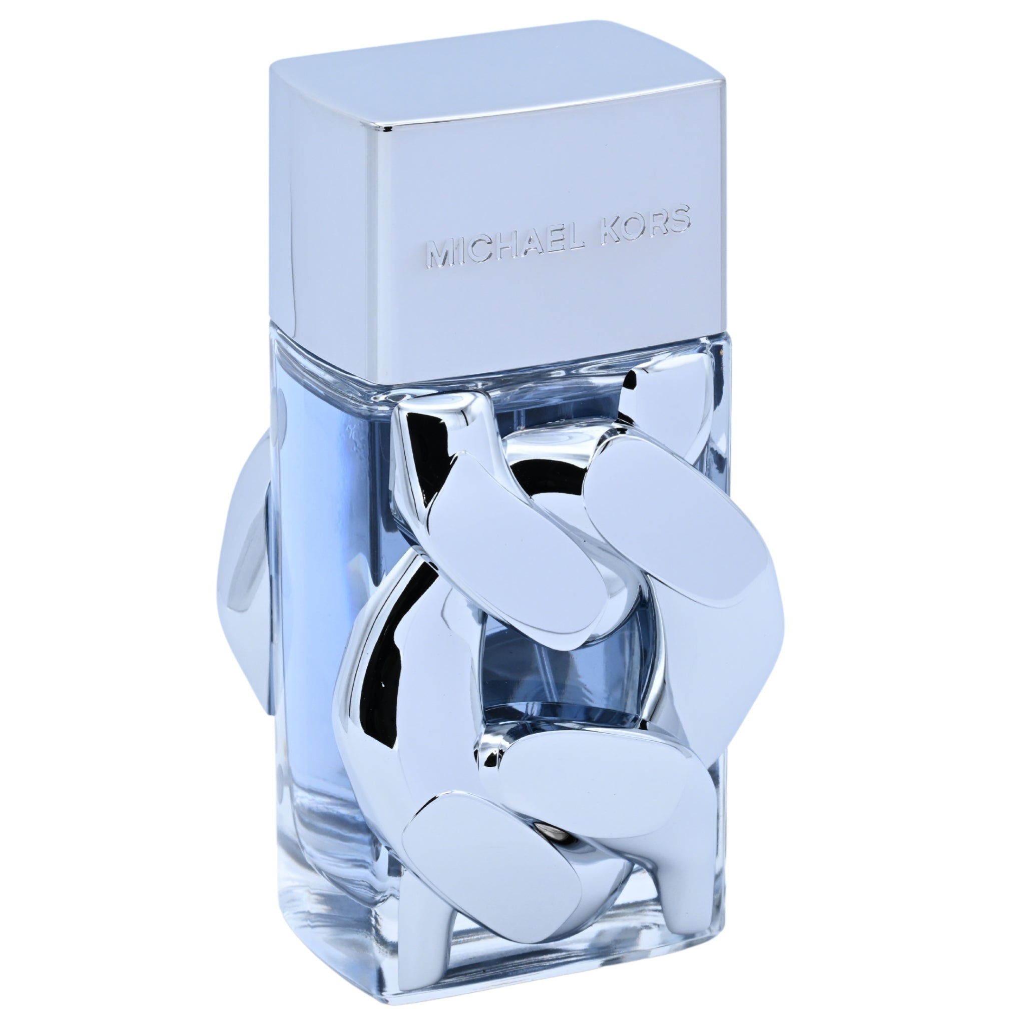 Perfume bottle with a silver and clear design on a white background