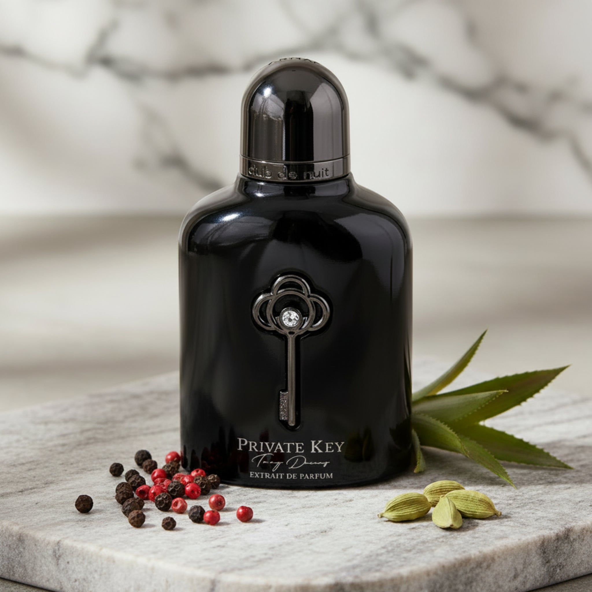 Black perfume bottle labeled 'Private Key' on a white background