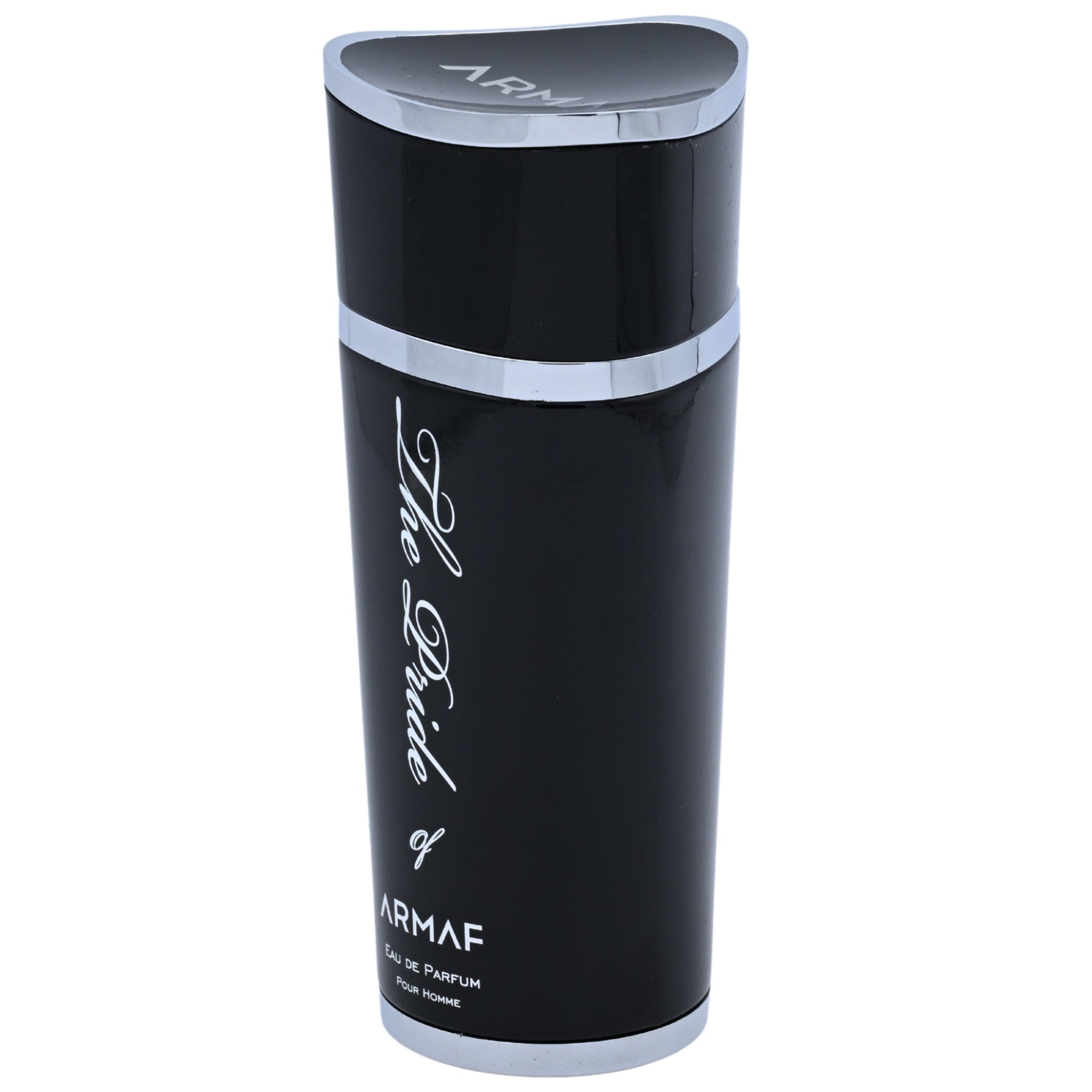 Black Armaf perfume bottle with silver accents on a white background