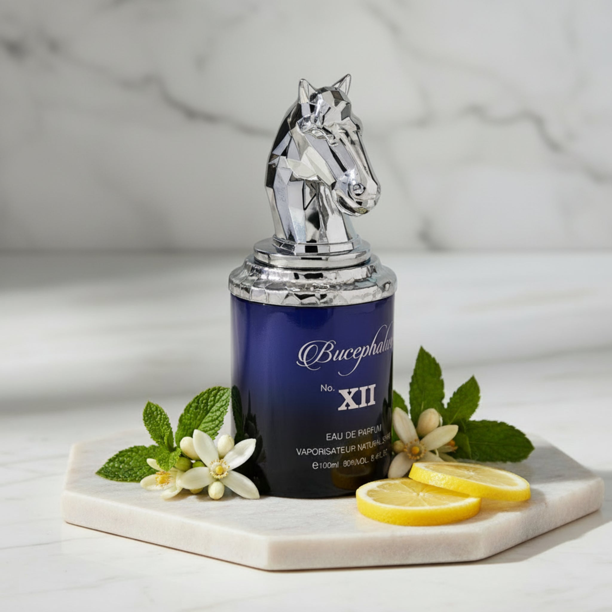Perfume bottle with silver horse head design on a white background