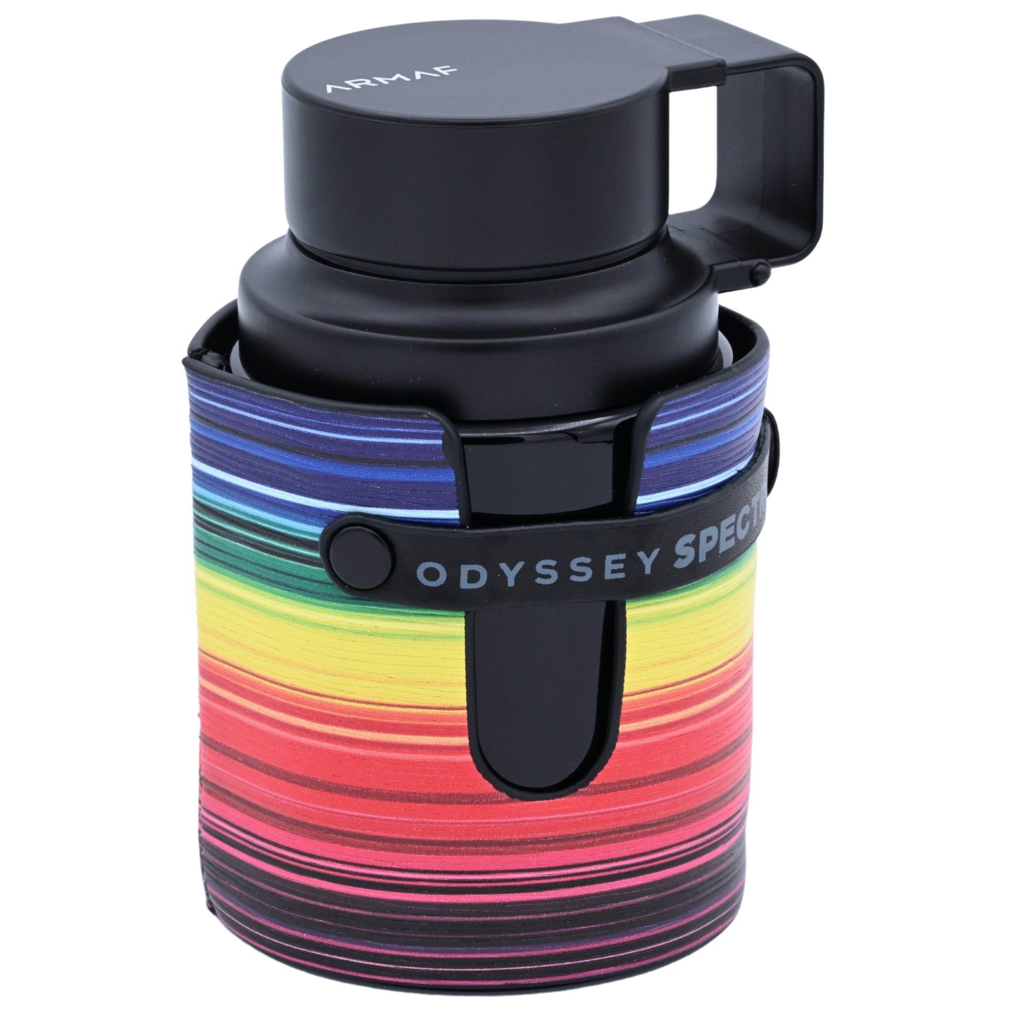 Black insulated mug with a colorful striped sleeve on a white background